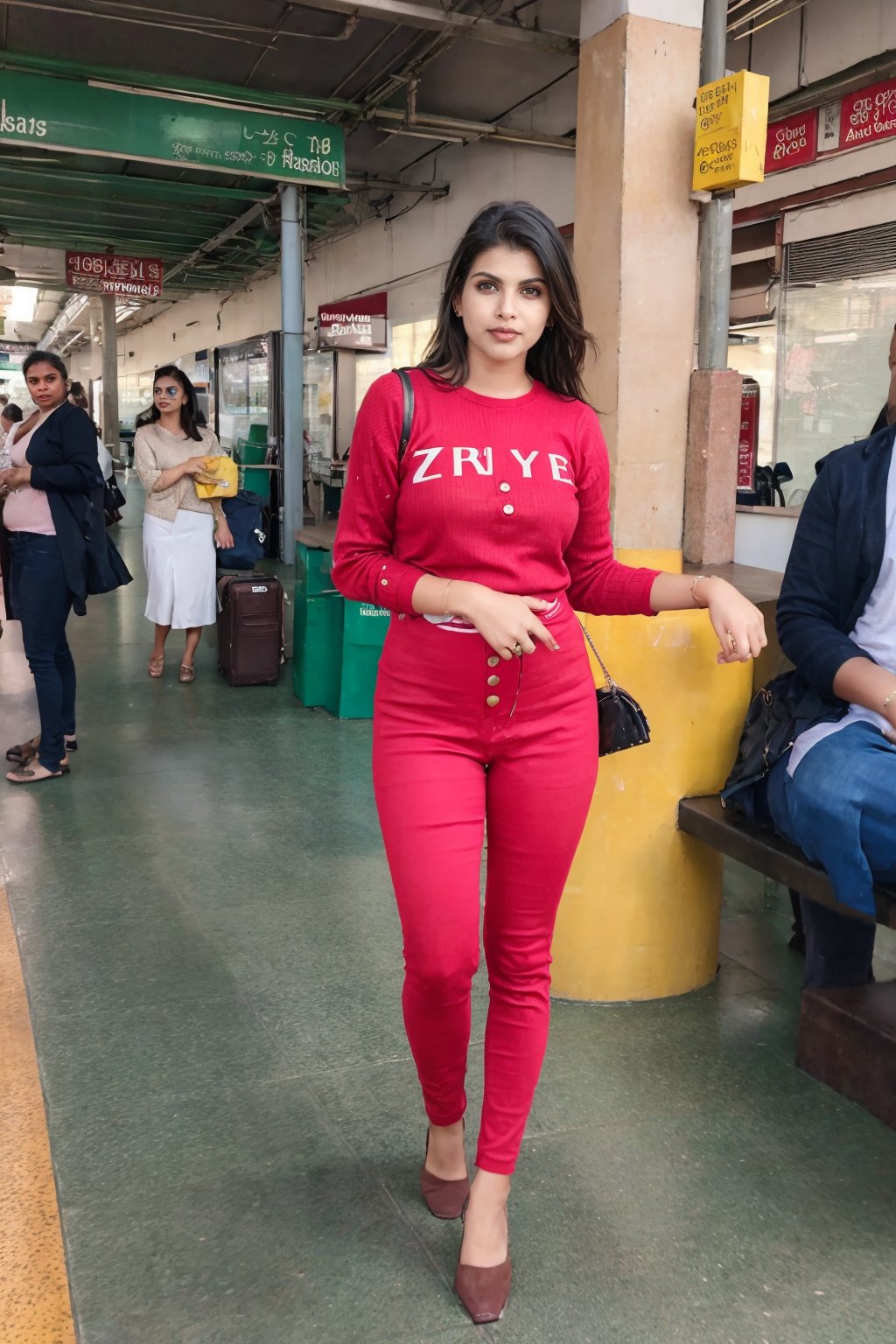 Ultra realistic full body photo of petite  italian female model  modeling upscale dolman sleeve travel inspired grunge knit silk outfit with cool metallic elements zippers buttons clips  in new york,Railway station,Thrissur