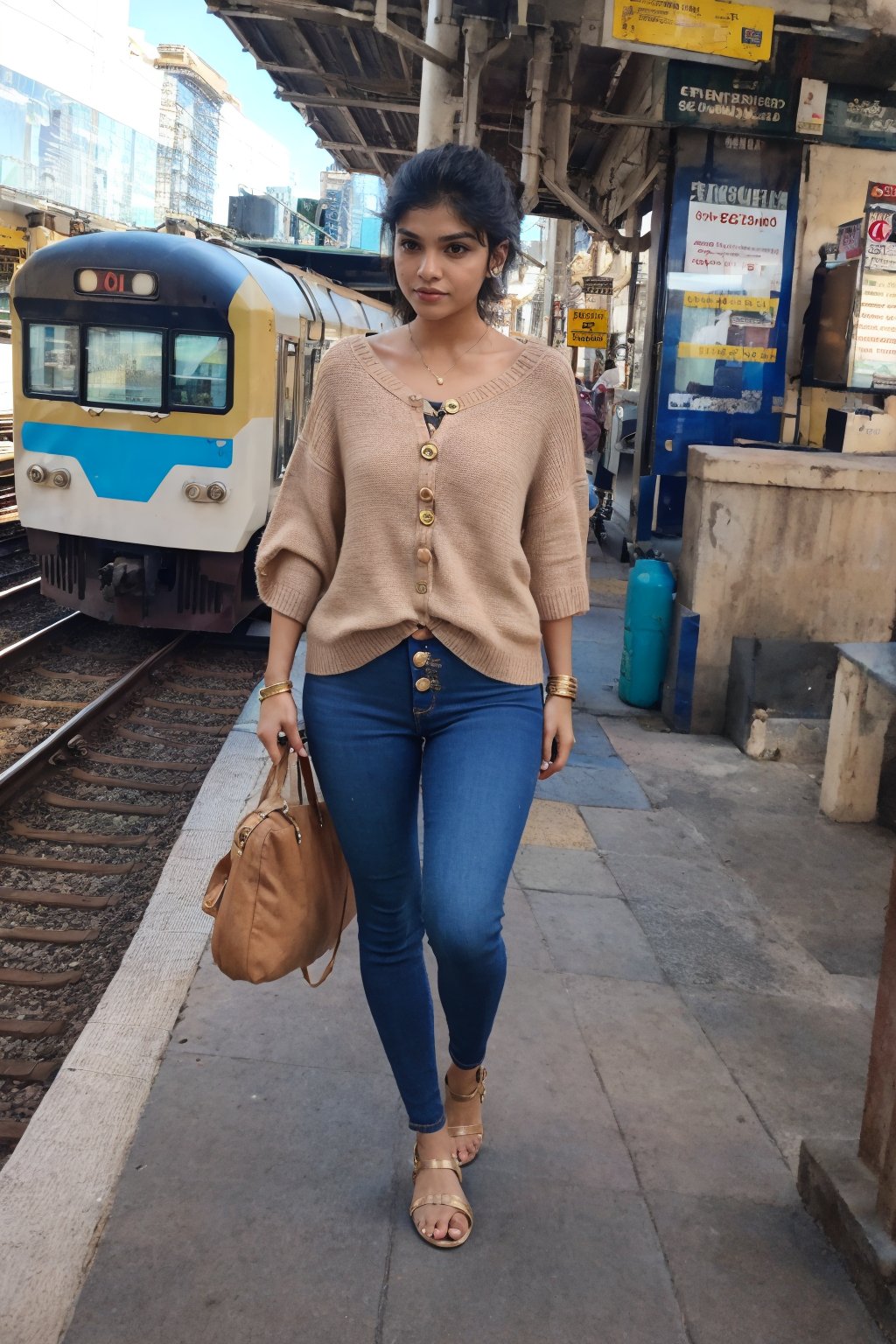 Ultra realistic full body photo of petite   female model  modeling upscale dolman sleeve travel inspired grunge knit silk outfit with cool metallic elements zippers buttons clips  in new york,Railway station,Thrissur