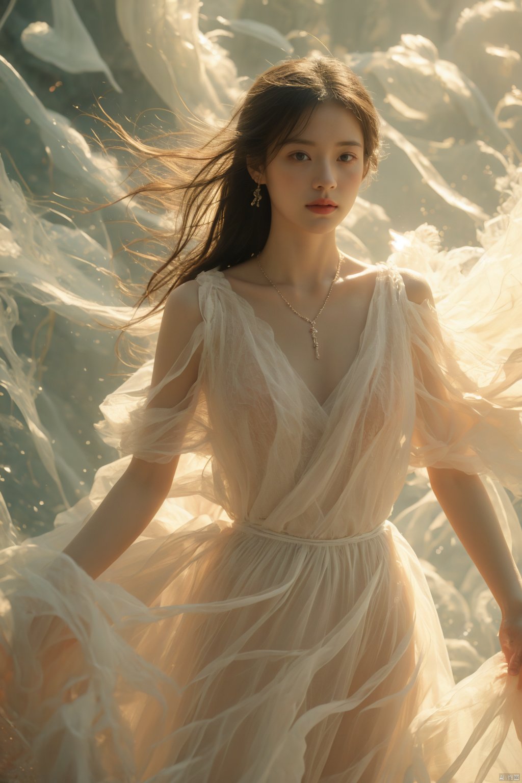 sdmai,xianyufeng, 1girl, solo, jewelry, realistic, long hair, earrings, necklace, looking at viewer, brown hair, parted lips, see-through, tiara, bare shoulders