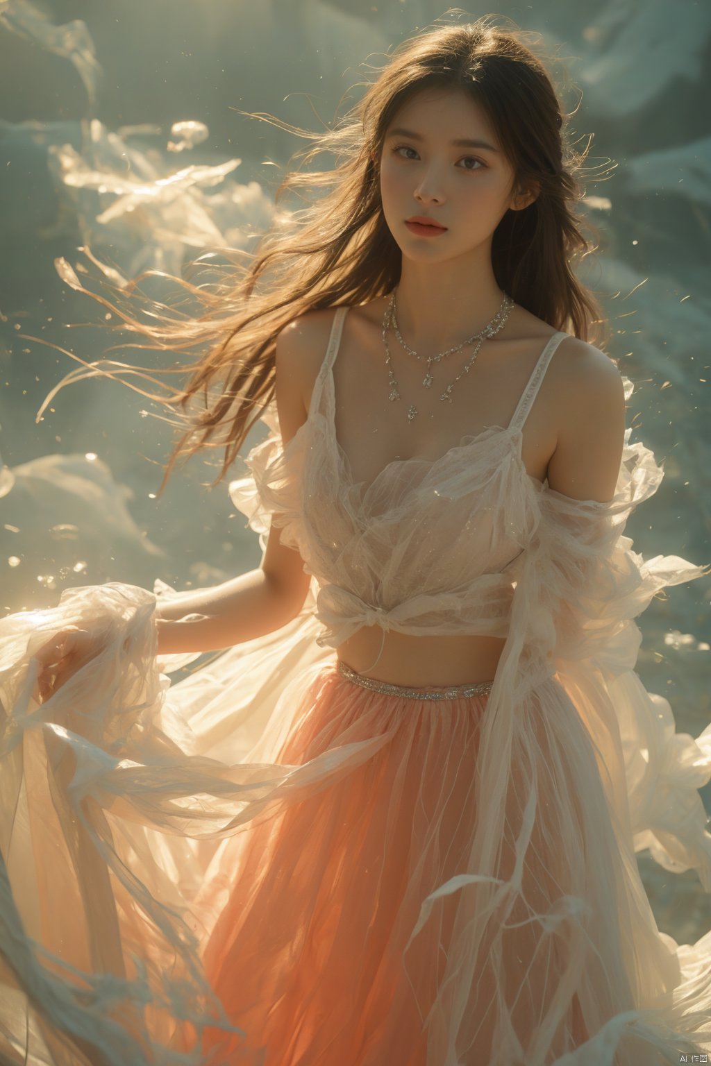 sdmai,xianyufeng, 1girl, solo, jewelry, realistic, long hair, earrings, necklace, looking at viewer, brown hair, parted lips, see-through, tiara, bare shoulders