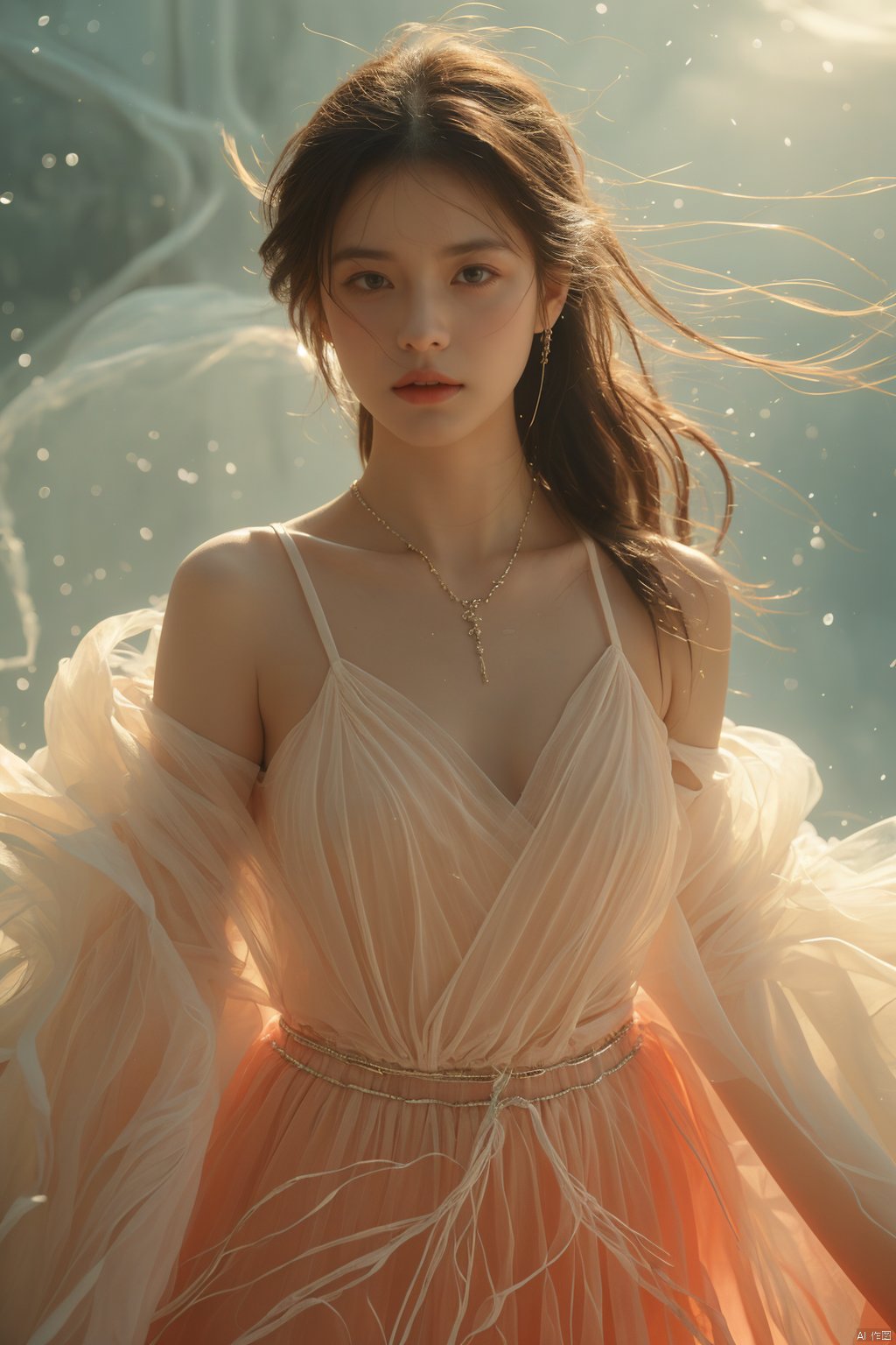 sdmai,xianyufeng, 1girl, solo, jewelry, realistic, long hair, earrings, necklace, looking at viewer, brown hair, parted lips, see-through, tiara, bare shoulders