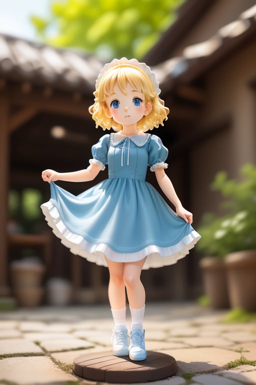 <lora:figurine style:1>,figurine style, 1girl, solo, dress, blonde hair, blue eyes, blue dress, short sleeves, white footwear, full body, blurry, looking at viewer, shoes, puffy sleeves, socks, outdoors, puffy short sleeves, blurry background, standing, child