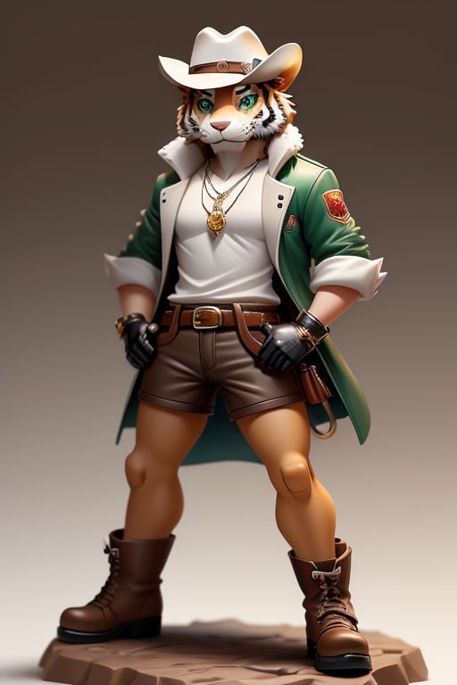 <lora:figurine style:1>,figurine style, jewelry, solo, hat, necklace, green eyes, belt, tiger, looking at viewer, gloves, full body, standing, jacket, simple background, brown gloves, no humans, male focus, furry, furry male, shorts, shirt, 1boy, white background, fingerless gloves, cowboy hat, brown headwear, boots, brown belt, white shirt, belt buckle, closed mouth, animal print, clothed pokemon, buckle, animal ears