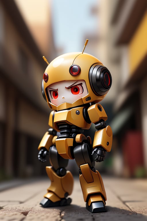 <lora:figurine style:1>,figurine style, robot, no humans, solo, clenched hands, blurry, blurry background, standing, mecha, humanoid robot, photo background, full body, chibi, red eyes, straight-on, outdoors, frown