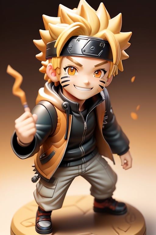 <lora:figurine style:1>,(figurine style:1.3),masterpiece,best quality,1boy, blonde hair, male focus, solo, smile, uzumaki naruto, grin, chibi, forehead protector, konohagakure symbol, looking at viewer, headband, facial mark, orange eyes, round image, whisker markings, jacket, spiked hair