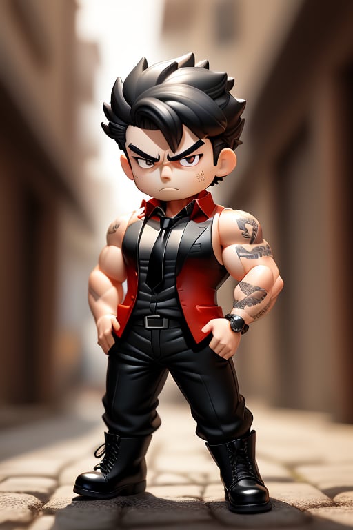 <lora:figurine style:1>,figurine style, 1boy, male focus, black hair, solo, blurry background, clenched hands, blurry, muscular, necktie, boots, black eyes, full body, shirt, standing, frown, sleeveless, pants, looking at viewer, black pants, serious, thick eyebrows, tattoo, chibi, red shirt, outdoors, black footwear, sleeveless shirt, black necktie, closed mouth