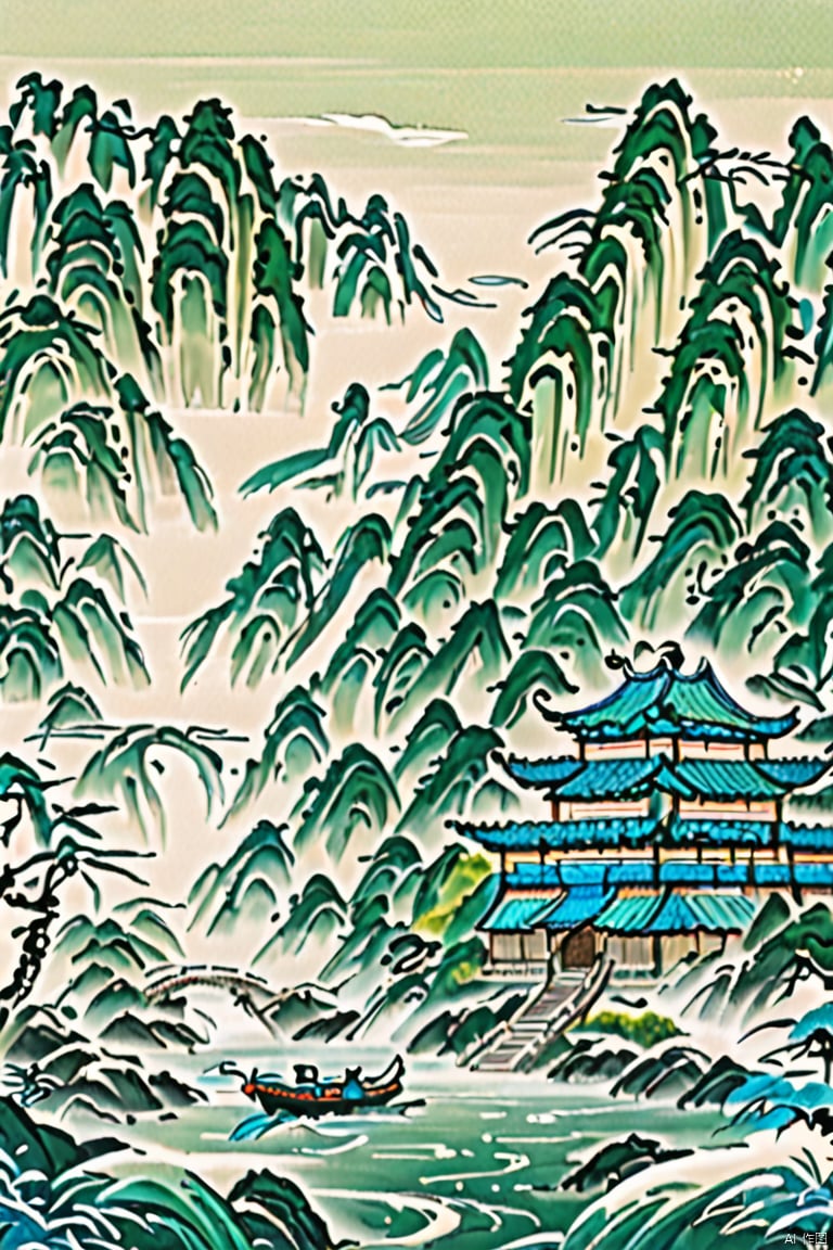  Bamboo Forest, wooden house, day, Light Green, dragon boat festival, Chinese three-dimensional landscape background, Chinese landscape painting of Song dynasty, surreal dream style of snow mountain and rivers background,