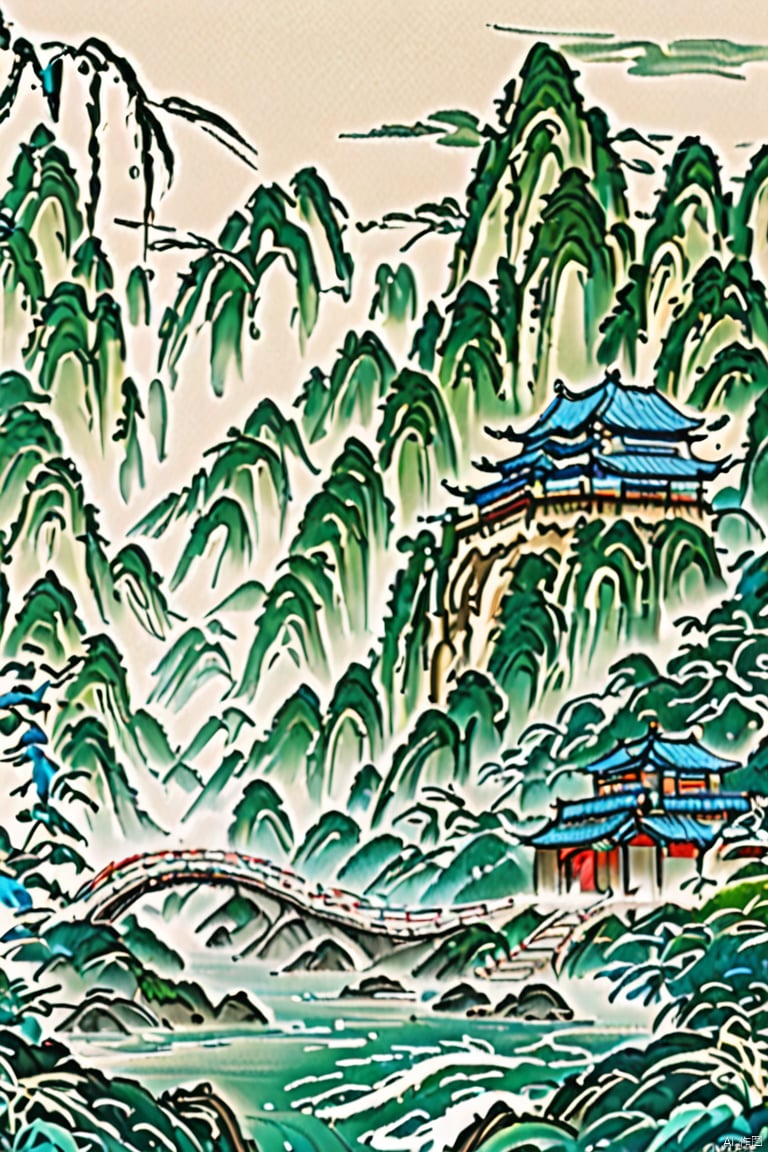  Bamboo Forest, wooden house, day, Light Green, dragon boat festival, Chinese three-dimensional landscape background, Chinese landscape painting of Song dynasty, surreal dream style of snow mountain and rivers background,