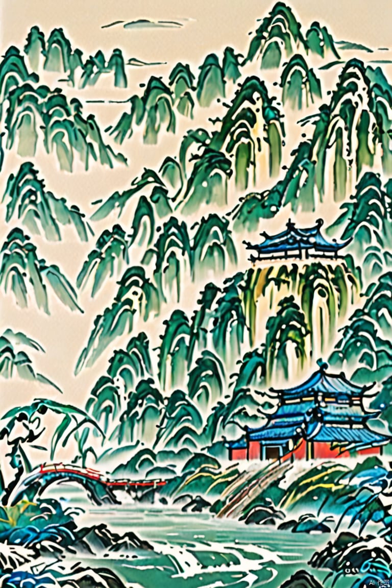  Bamboo Forest, wooden house, day, Light Green, dragon boat festival, Chinese three-dimensional landscape background, Chinese landscape painting of Song dynasty, surreal dream style of snow mountain and rivers background,