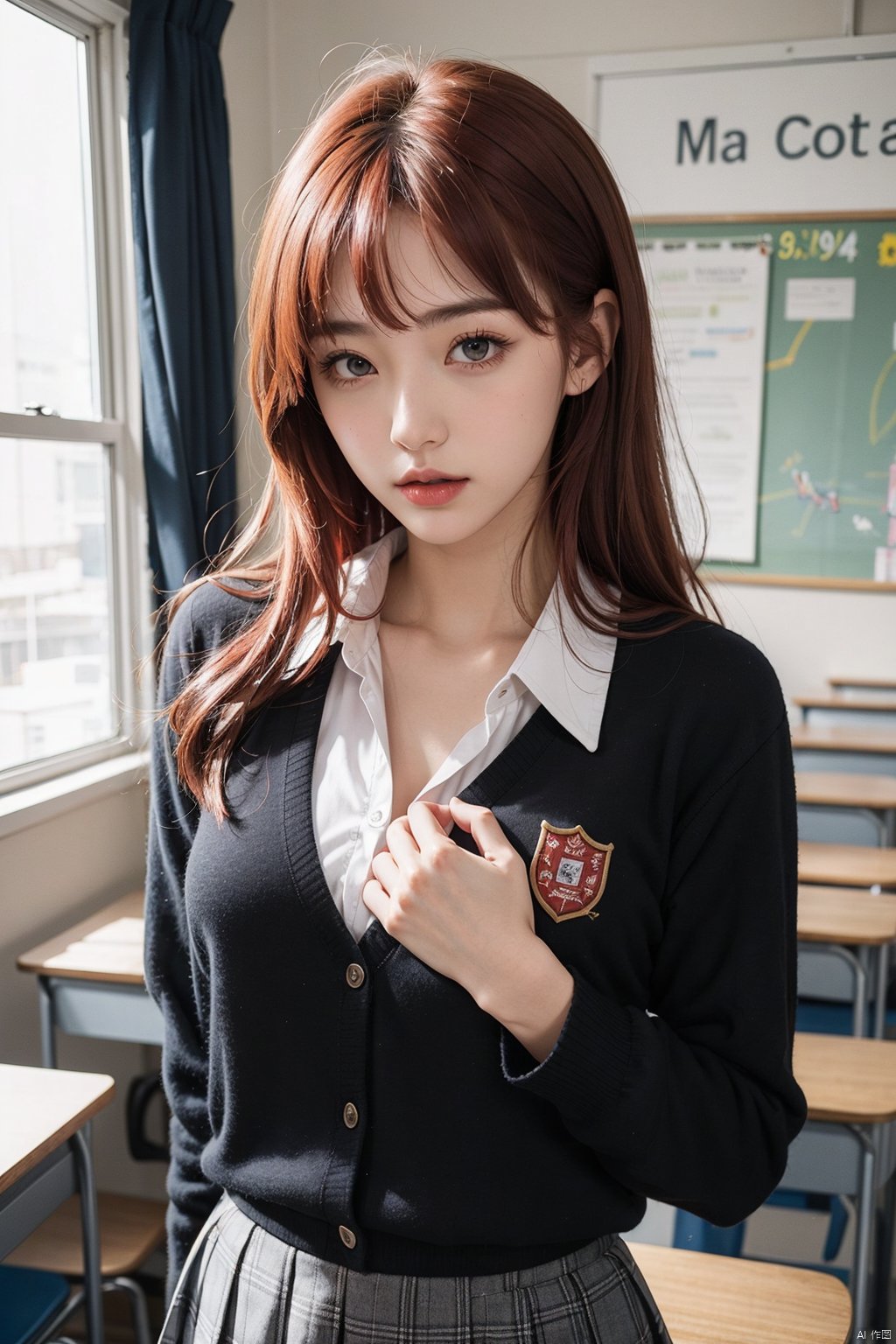  1girl, red hair, hand on own chest, school uniform,