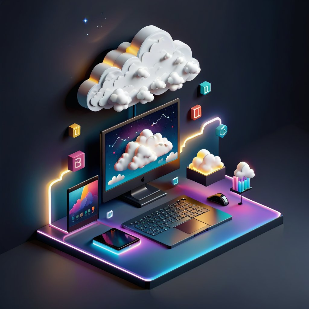 a 3d tableau isometric illustration of a desktop connected to cloud,clean background, dark mode,3d isometric,3d style