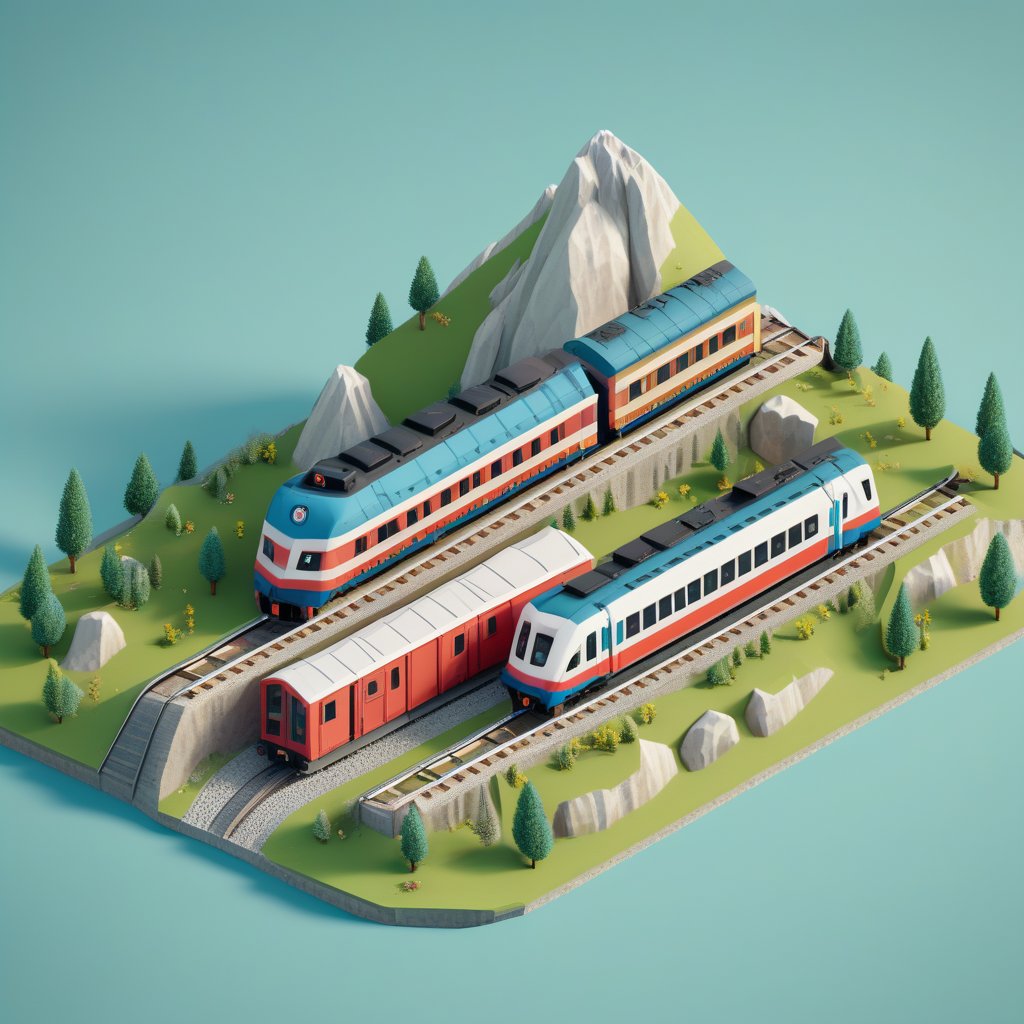 cute 3D isometric model of a train i the alps in southern france e | blender render engine niji 5 style expressive,3d isometric,3d style