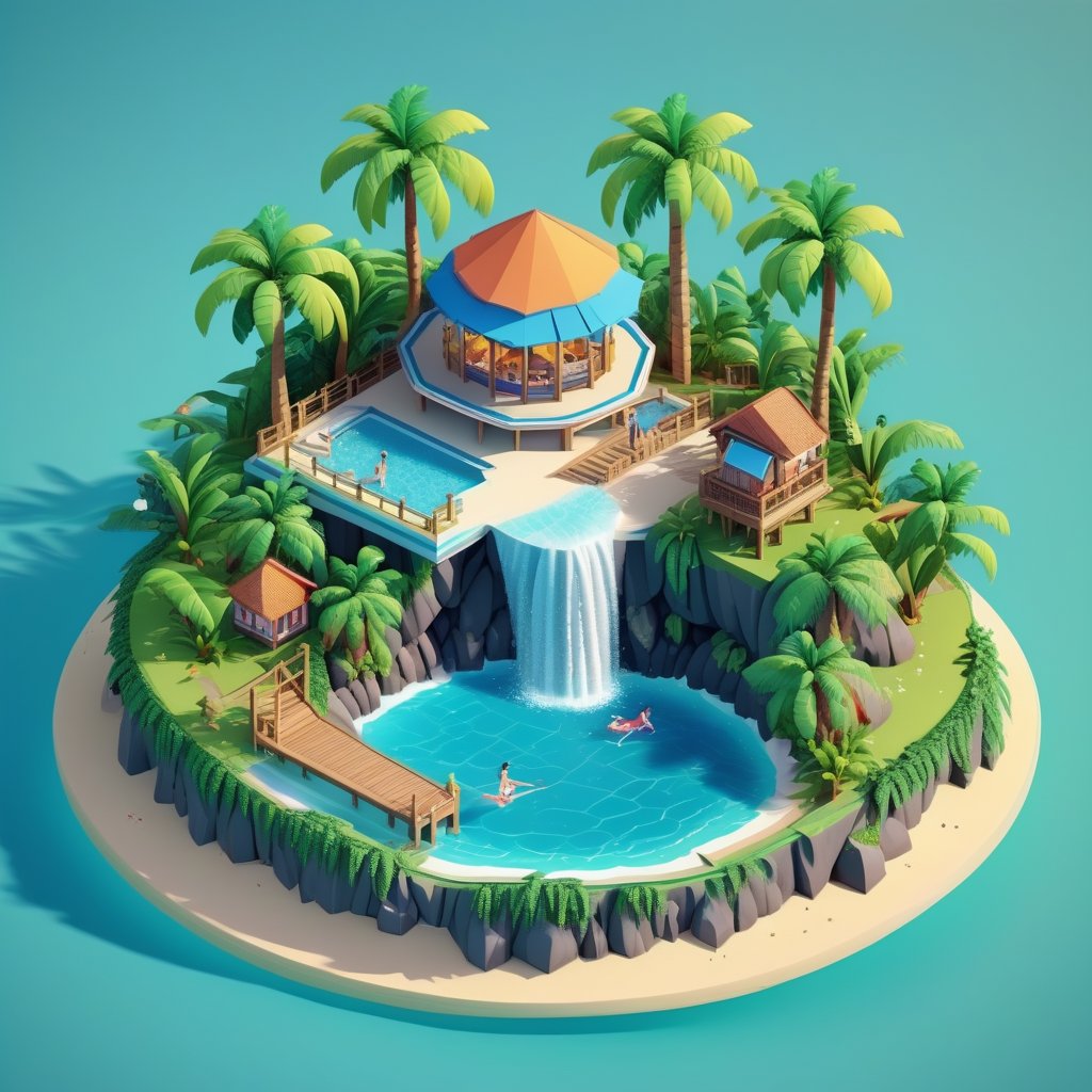 3d isometric anime, big tropical island with resort and portal,3d style