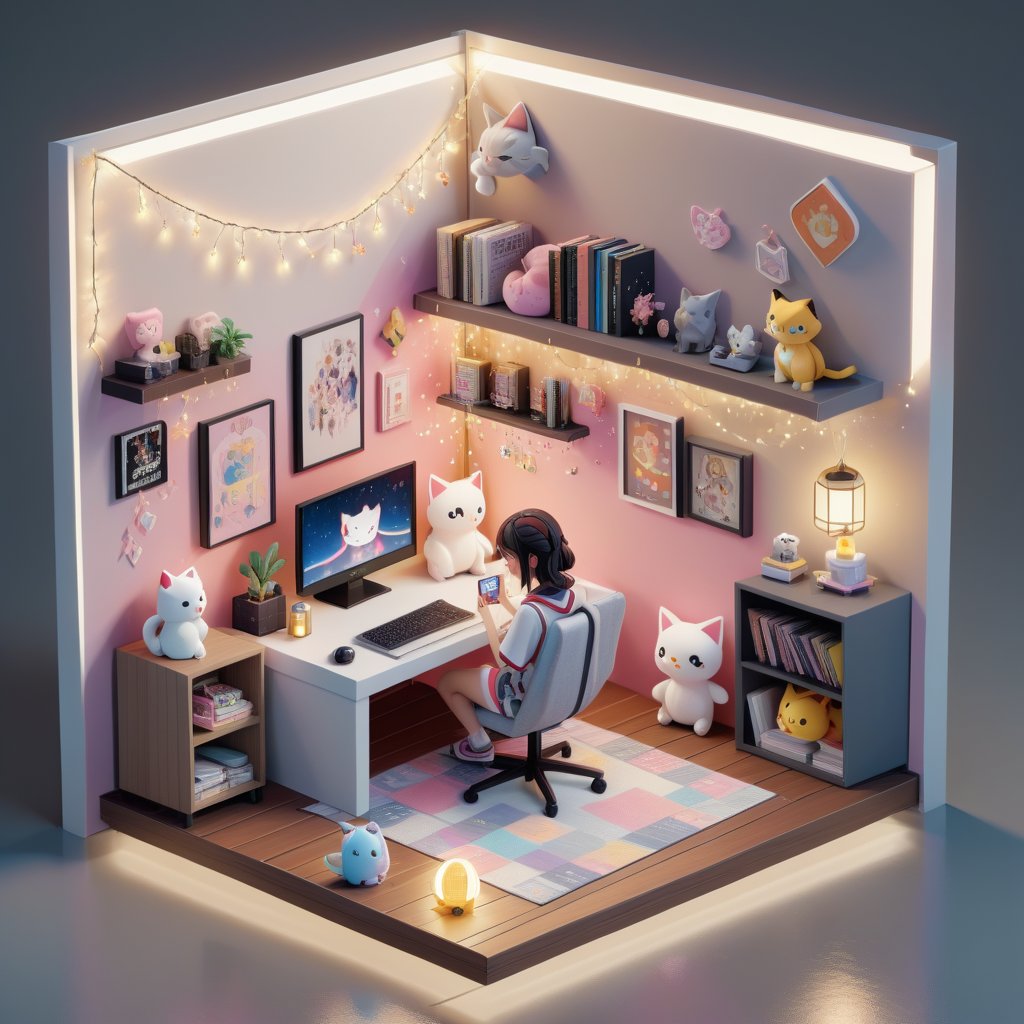 an animated 3d isometric illustation of a room that is cute and very cozy with lots of video game elements, there is a girl at her desk playing a video game on her PC, there are pretty string lights, her room has walls painted a light greyish, and there is a cute cat sitting next to her on the floor sleeping, there is a cute modern lamp on the nightstand next to her bed, she also has a very cute plushie collection on her bed, she has dark brown hair, she has a bookshelf with anime figures and small pokemon figures, kawaii aesthetic isometric 3d cube, cozy, gamer girl,3d style