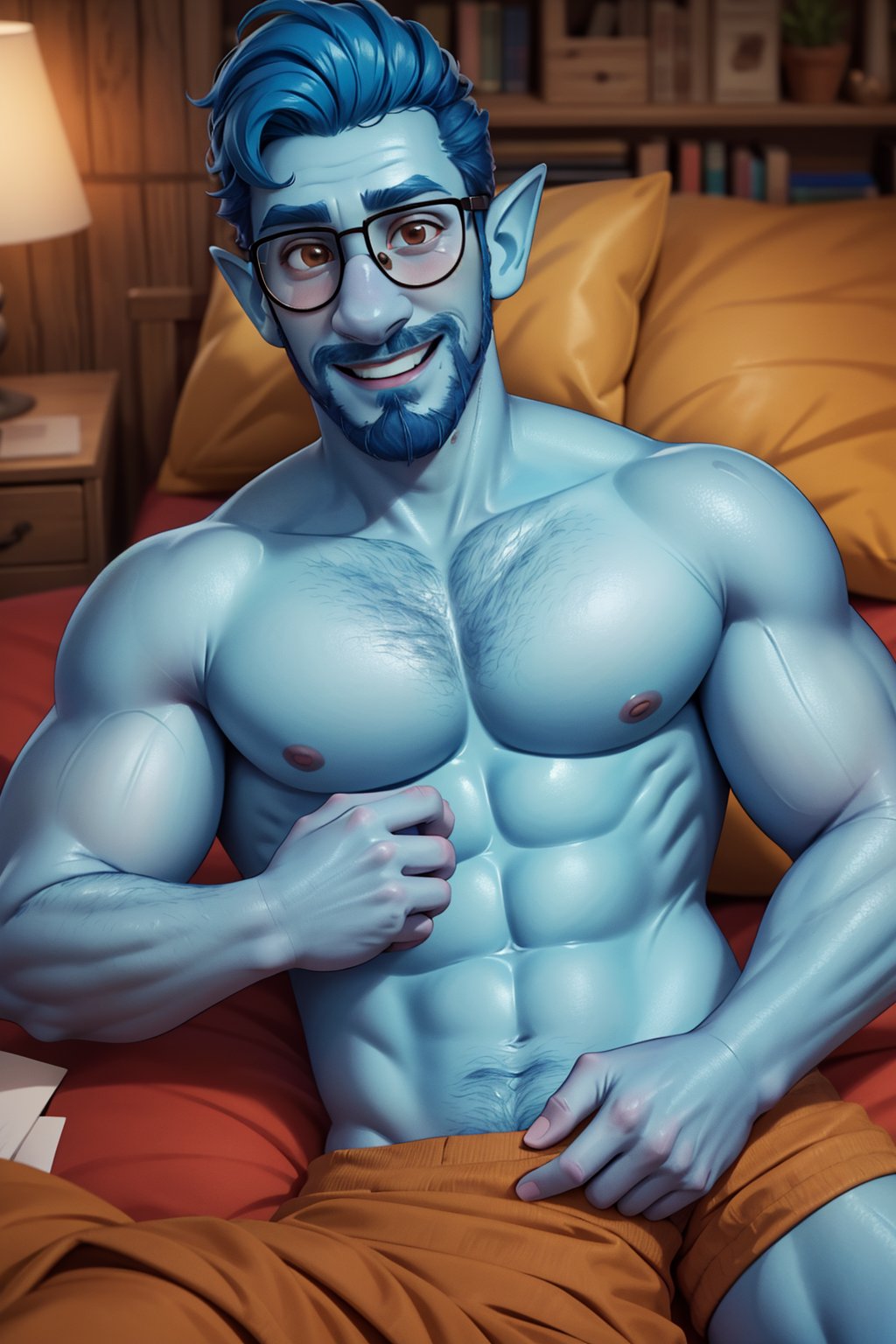 (1 image only), solo male, Wilden Lightfoot, Pixar Animation Onward, (blue skin:1.2), dark blue hair, short hair, brown eyes, thick eyebrows, pointy ears, facial hair, beard, black-framed-glasses, (topless, shirtless:1.2), khaki shorts, mature, bara, dilf, handsome, charming, alluring, smile, lying on bed, on back, perfect anatomy, perfect proportions, (best quality, masterpiece), (perfect eyes, perfect eye pupil), perfect hands, high_resolution, dutch angle