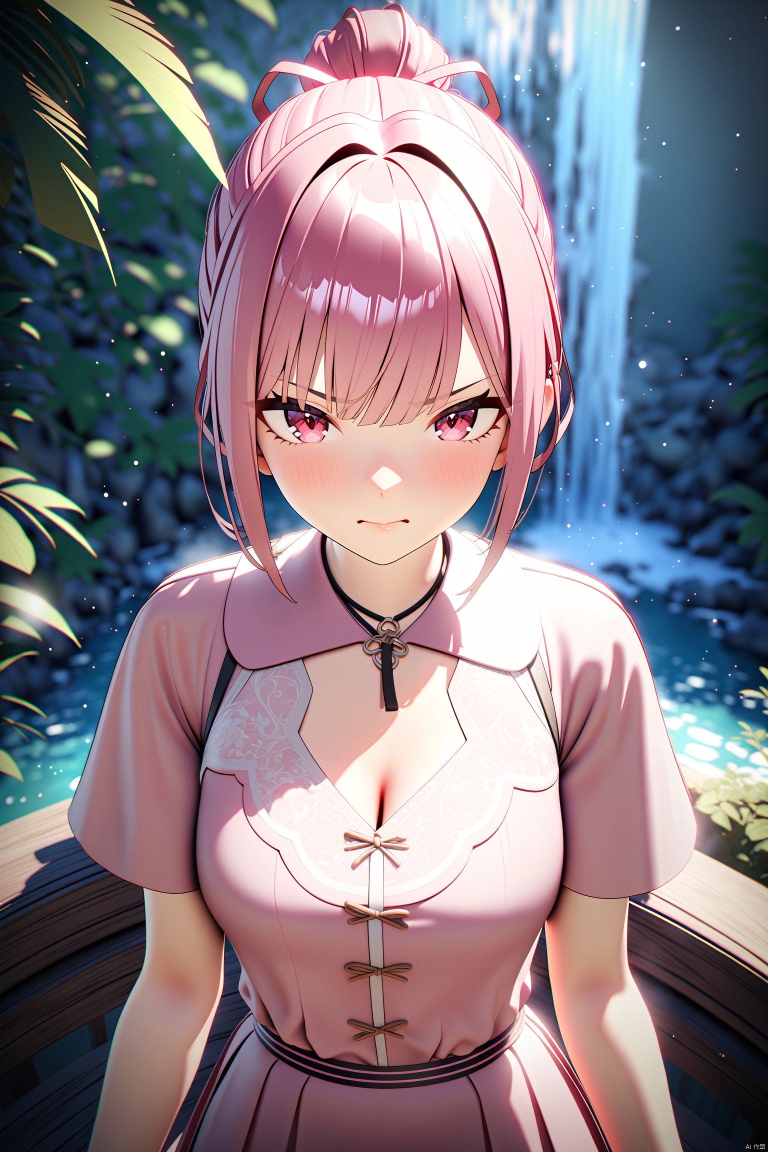 3d, masterpiece, best quality, official art, extremely detailed CG unity 8k wallpaper, 1girl, high ponytail, looking at viewer, pov, standing, angry, upper body, waterfall, pink dress, light rays, light particles,