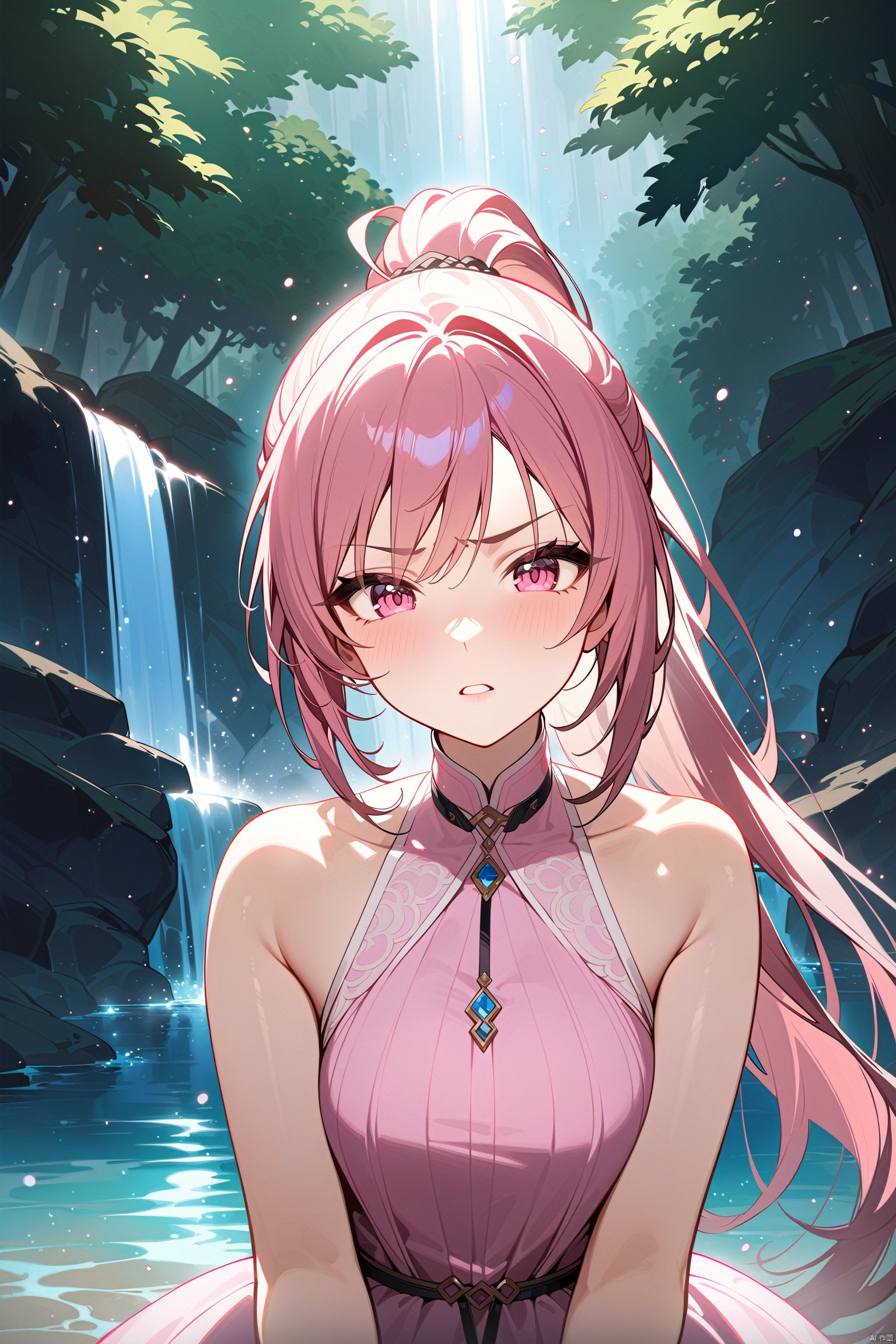  masterpiece, best quality, official art, extremely detailed CG unity 8k wallpaper, 1girl, high ponytail, looking at viewer, pov, standing, angry, upper body, waterfall, pink dress, light rays, light particles,((best quality)),((masterpiece)),((ultra-detailed)),(illustration),(detailed light),(an extremely delicate and beautiful),