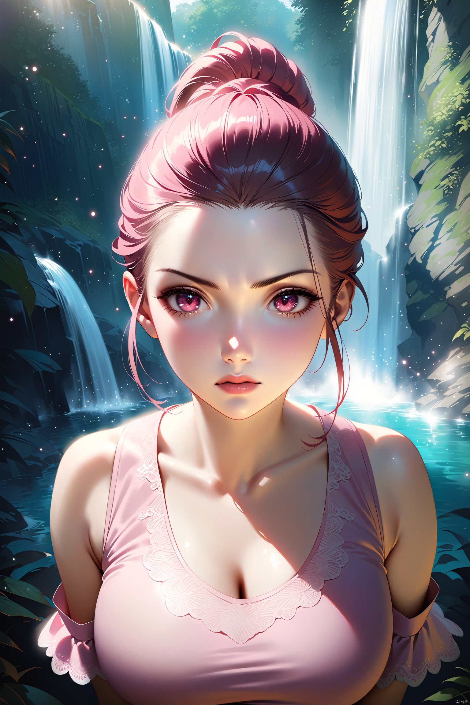  (Realistic style),masterpiece, best quality, official art, extremely detailed CG unity 8k wallpaper, 1girl, high ponytail, looking at viewer, pov, standing, angry, upper body, waterfall, pink dress, light rays, light particles,