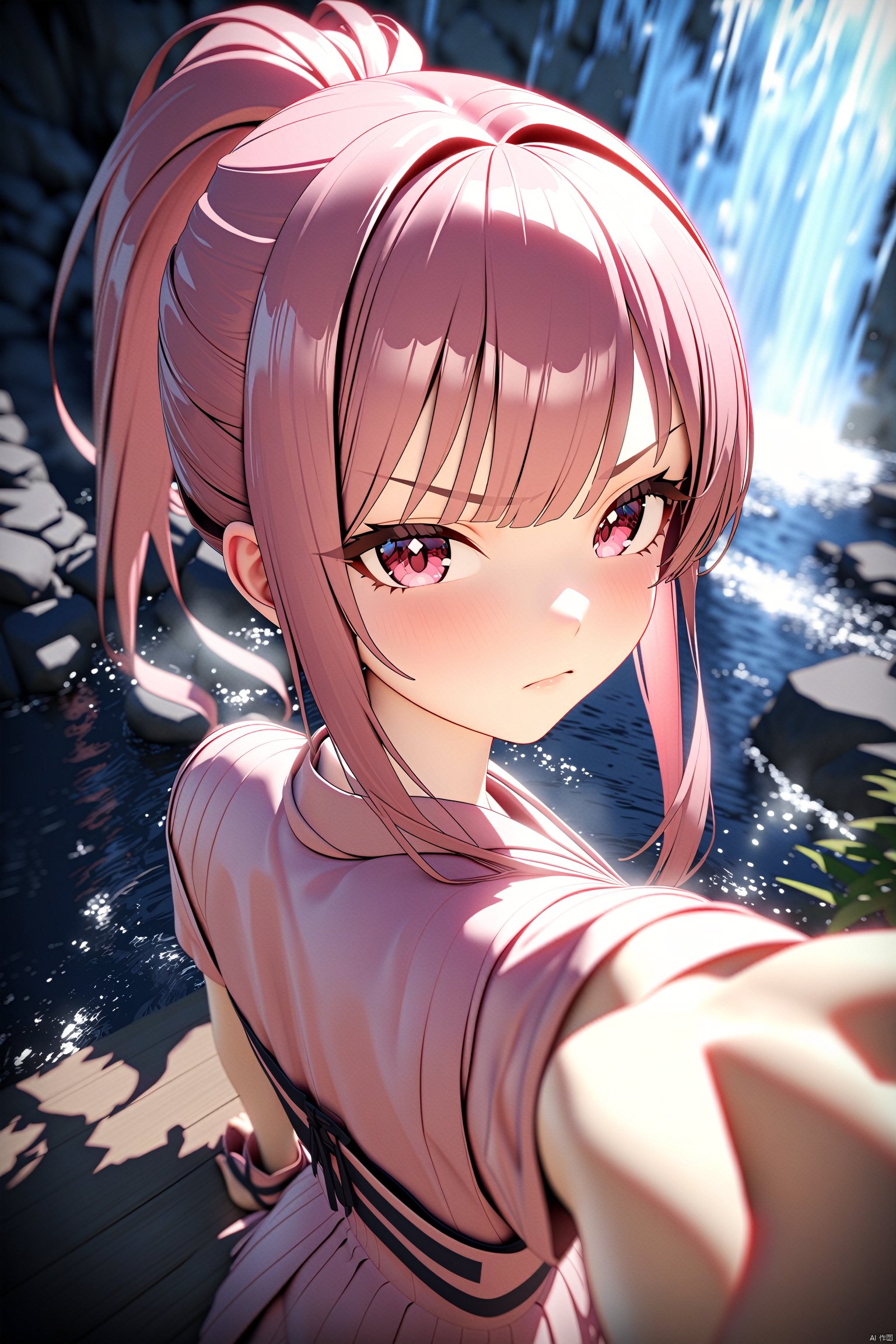 3d, masterpiece, best quality, official art, extremely detailed CG unity 8k wallpaper, 1girl, high ponytail, looking at viewer, pov, standing, angry, upper body, waterfall, pink dress, light rays, light particles,