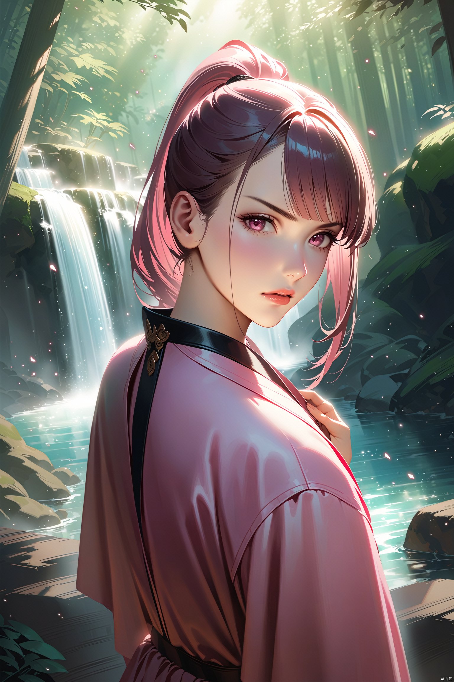  (Realistic style),masterpiece, best quality, official art, extremely detailed CG unity 8k wallpaper, 1girl, high ponytail, looking at viewer, pov, standing, angry, upper body, waterfall, pink dress, light rays, light particles,