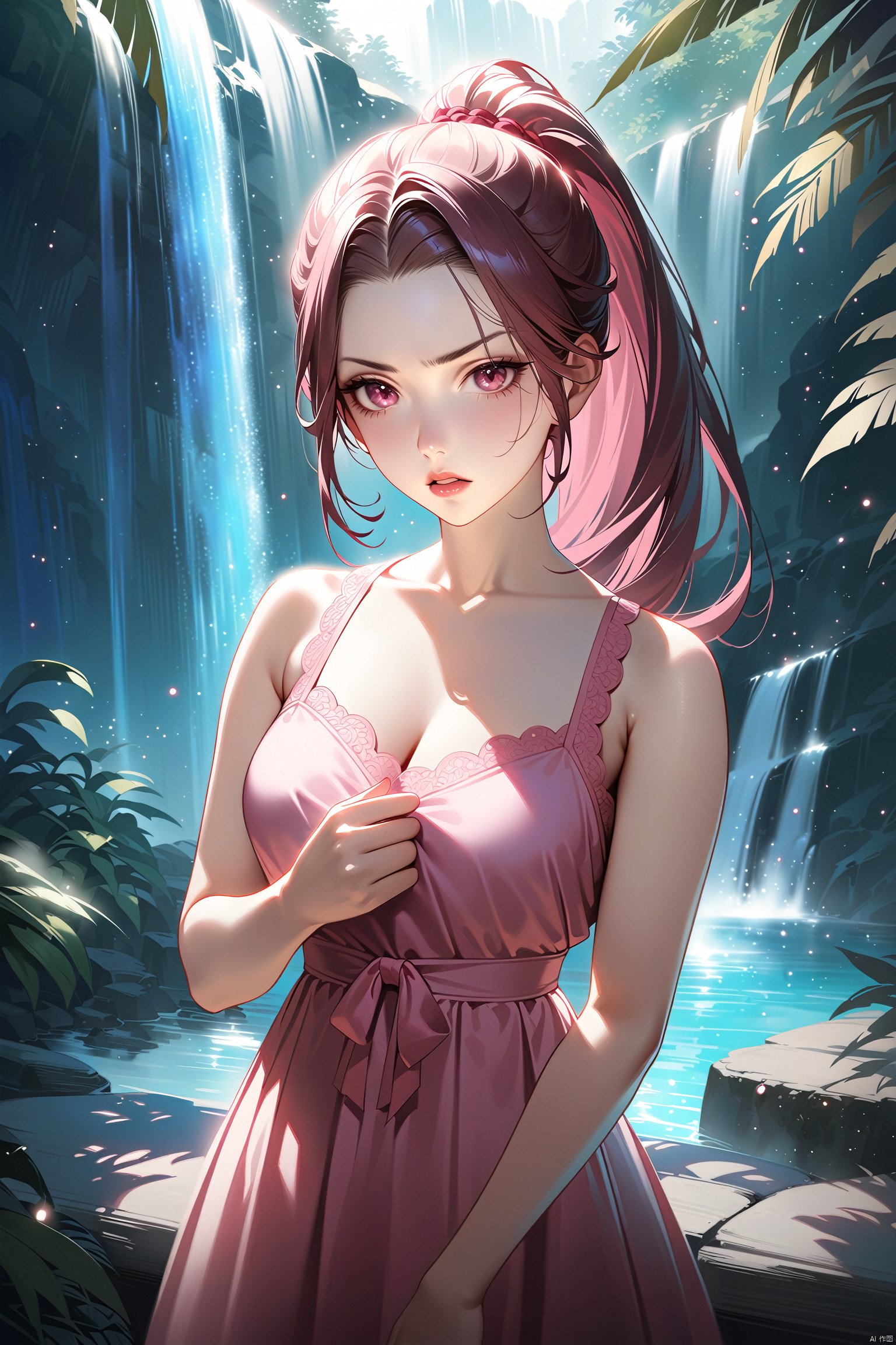  (Realistic style),masterpiece, best quality, official art, extremely detailed CG unity 8k wallpaper, 1girl, high ponytail, looking at viewer, pov, standing, angry, upper body, waterfall, pink dress, light rays, light particles,