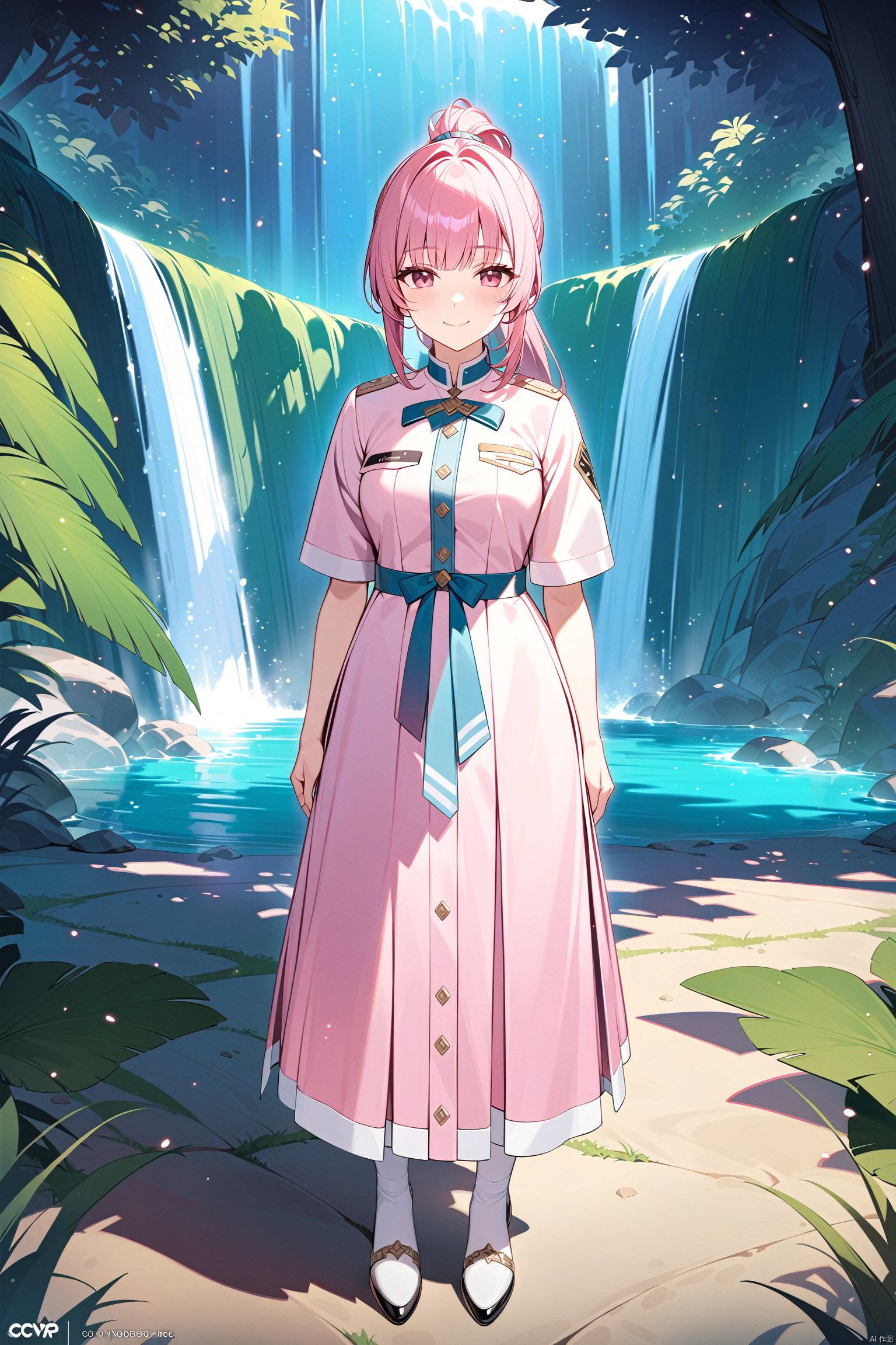  Masterpiece, best quality, official art, extremely detailed CG uniform 8k wallpaper, 1girl, high ponytail, looking at viewer, perspective, standing, smile, full body, waterfall, pink dress, light, light particles,