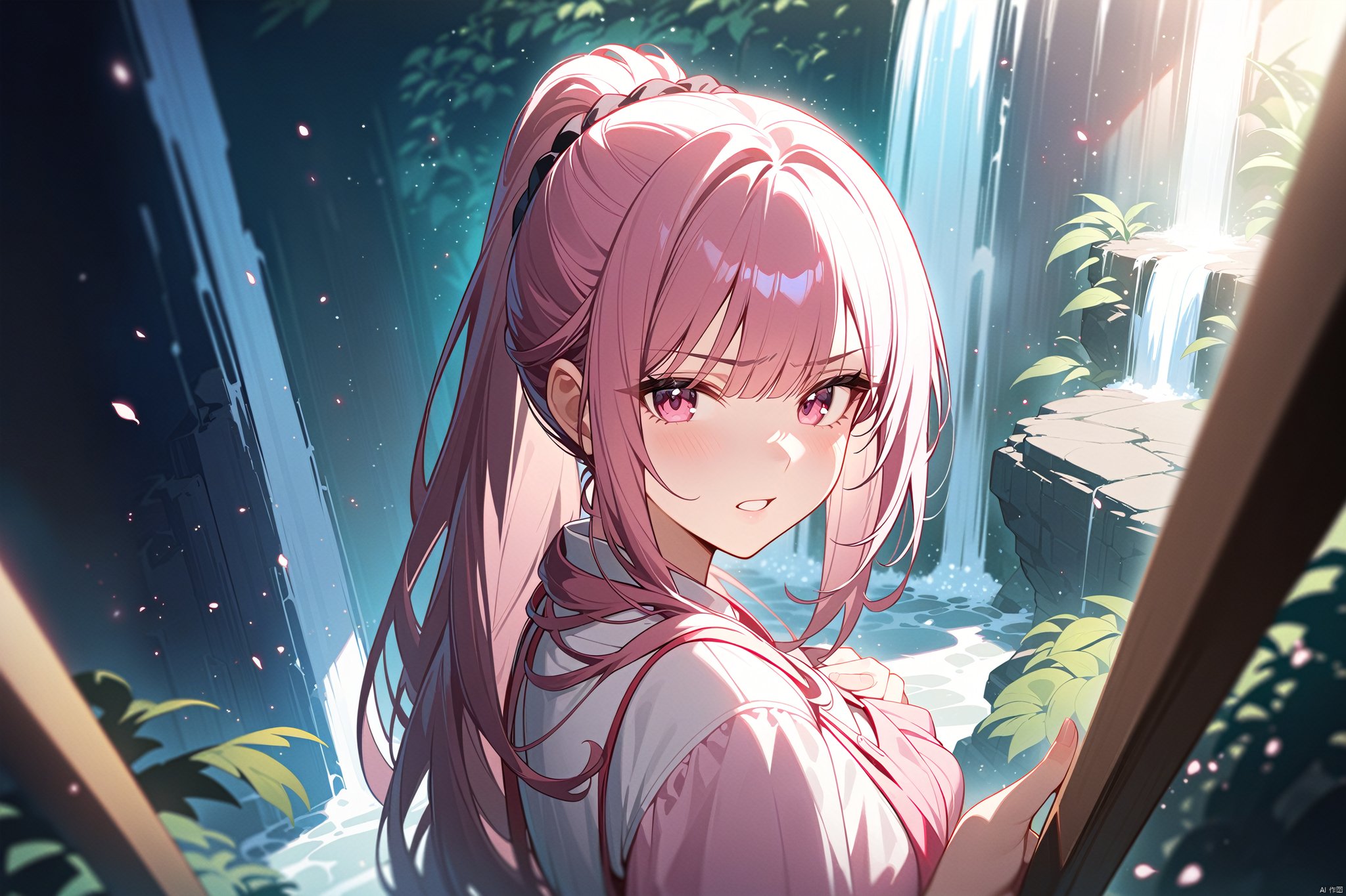 masterpiece, best quality, official art, extremely detailed CG unity 8k wallpaper, 1girl, high ponytail, looking at viewer, pov, standing, angry, upper body, waterfall, pink dress, light rays, light particles,((best quality)),((masterpiece)),((ultra-detailed)),(illustration),(detailed light),(an extremely delicate and beautiful),