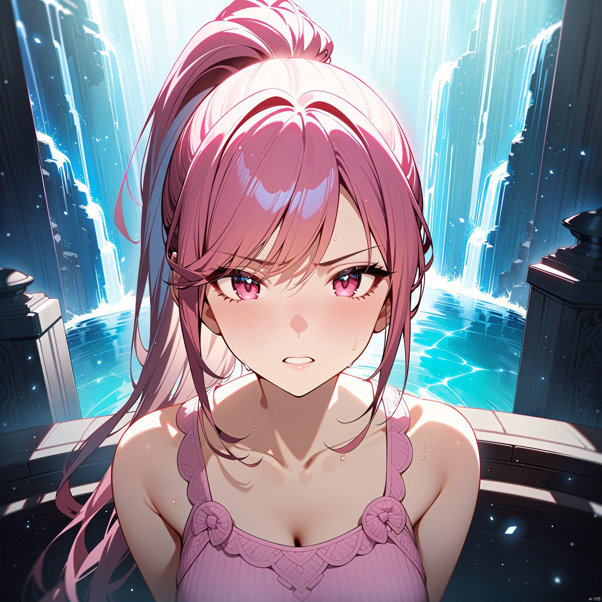 masterpiece, best quality, official art, extremely detailed CG unity 8k wallpaper, 1girl, high ponytail, looking at viewer, pov, standing, angry, upper body, waterfall, pink dress, light rays, light particles,((best quality)),((masterpiece)),((ultra-detailed)),(illustration),(detailed light),(an extremely delicate and beautiful),