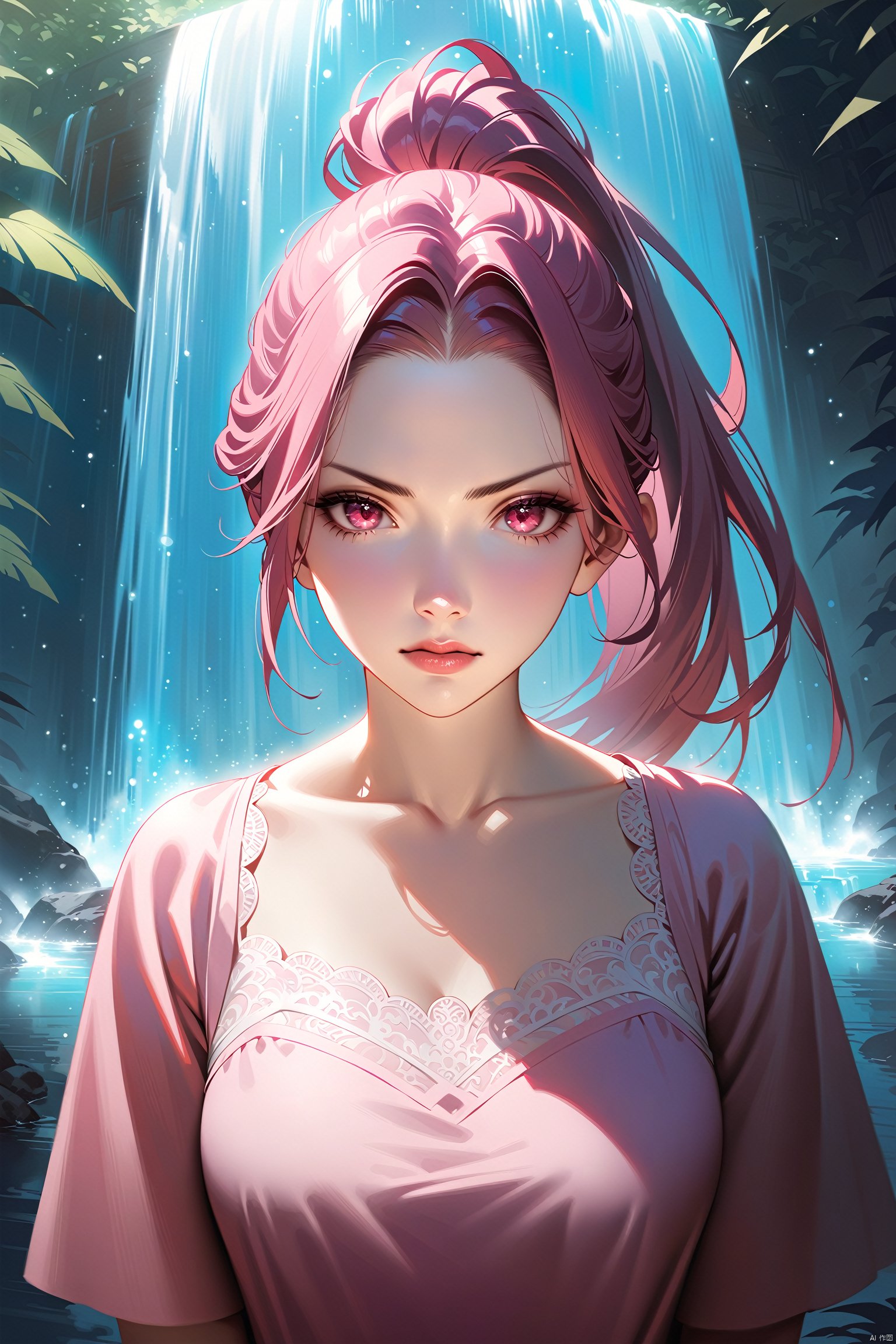  (Realistic style),masterpiece, best quality, official art, extremely detailed CG unity 8k wallpaper, 1girl, high ponytail, looking at viewer, pov, standing, angry, upper body, waterfall, pink dress, light rays, light particles,