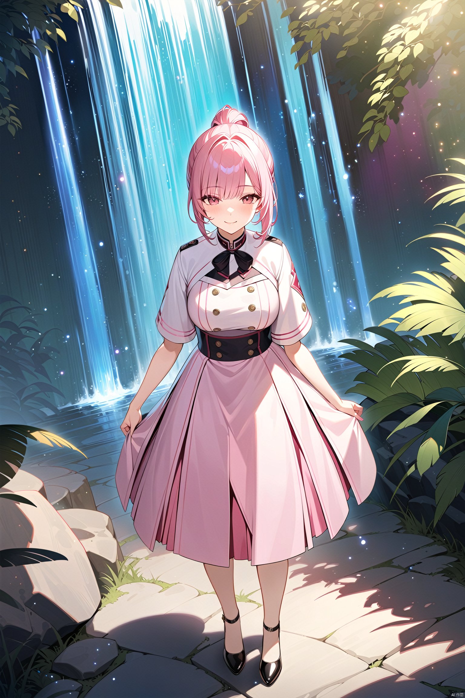  Masterpiece, best quality, official art, extremely detailed CG uniform 8k wallpaper, 1girl, high ponytail, looking at viewer, perspective, standing, smile, full body, waterfall, pink dress, light, light particles,