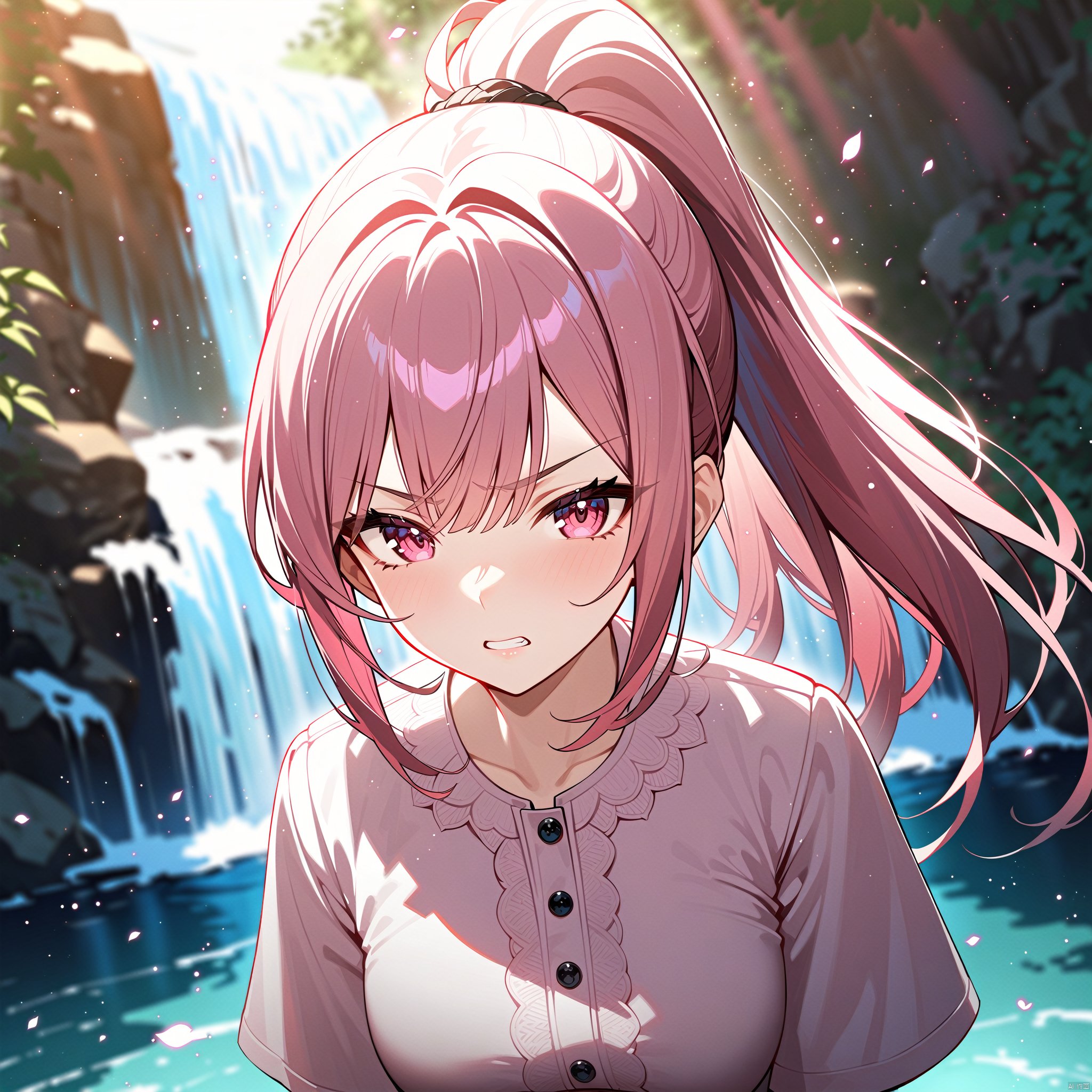 masterpiece, best quality, official art, extremely detailed CG unity 8k wallpaper, 1girl, high ponytail, looking at viewer, pov, standing, angry, upper body, waterfall, pink dress, light rays, light particles,