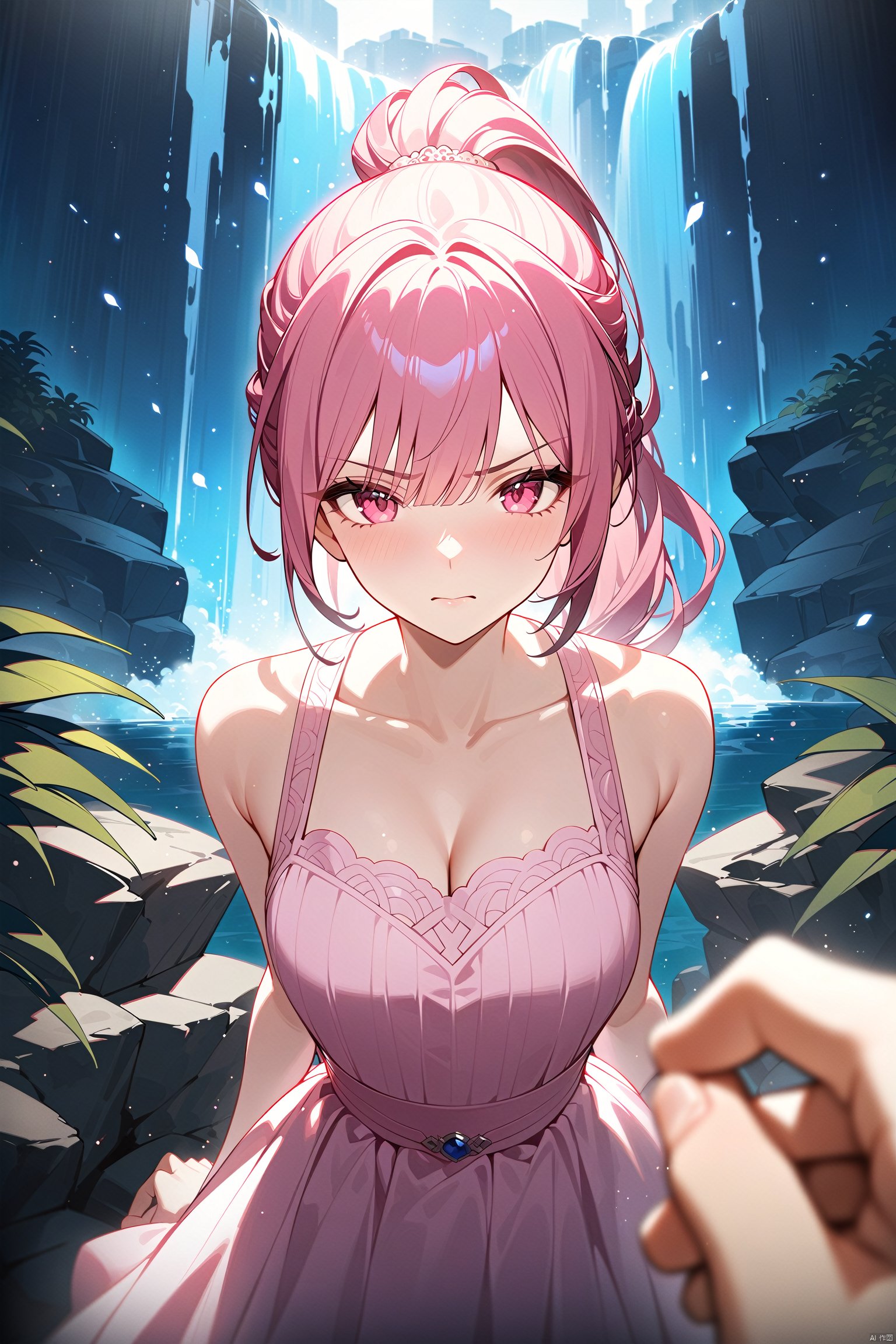  masterpiece, best quality, official art, extremely detailed CG unity 8k wallpaper, 1girl, high ponytail, looking at viewer, pov, standing, angry, upper body, waterfall, pink dress, light rays, light particles,((best quality)),((masterpiece)),((ultra-detailed)),(illustration),(detailed light),(an extremely delicate and beautiful),