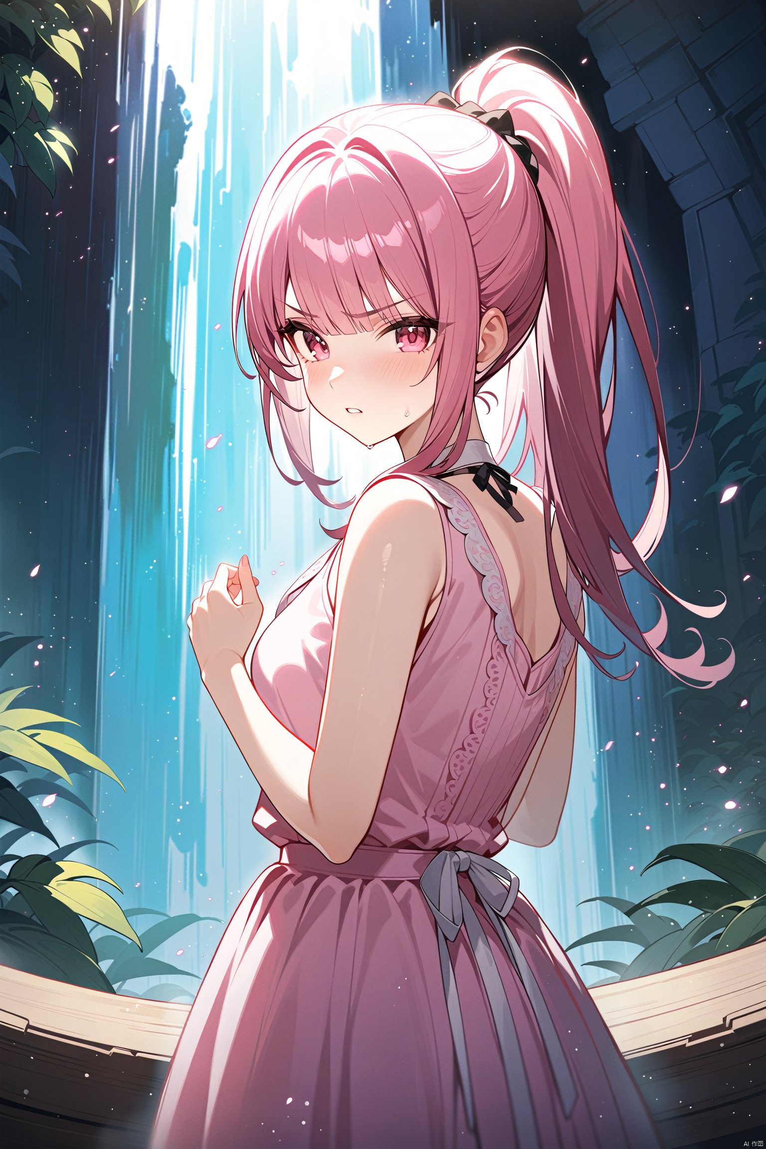 masterpiece, best quality, official art, extremely detailed CG unity 8k wallpaper, 1girl, high ponytail, looking at viewer, pov, standing, angry, upper body, waterfall, pink dress, light rays, light particles,