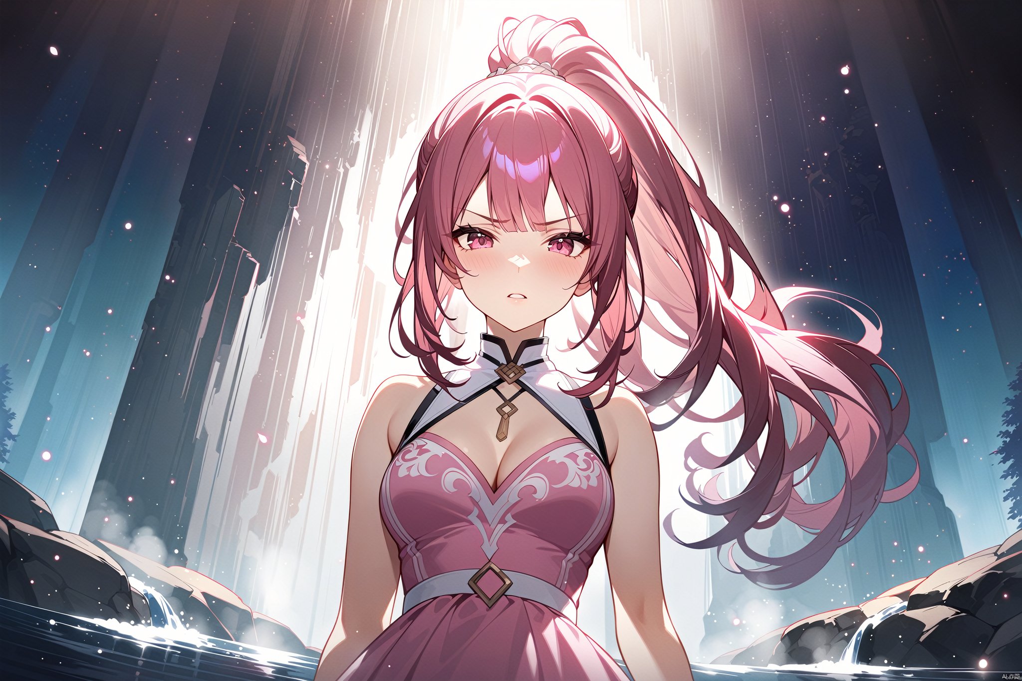 masterpiece, best quality, official art, extremely detailed CG unity 8k wallpaper, 1girl, high ponytail, looking at viewer, pov, standing, angry, upper body, waterfall, pink dress, light rays, light particles,