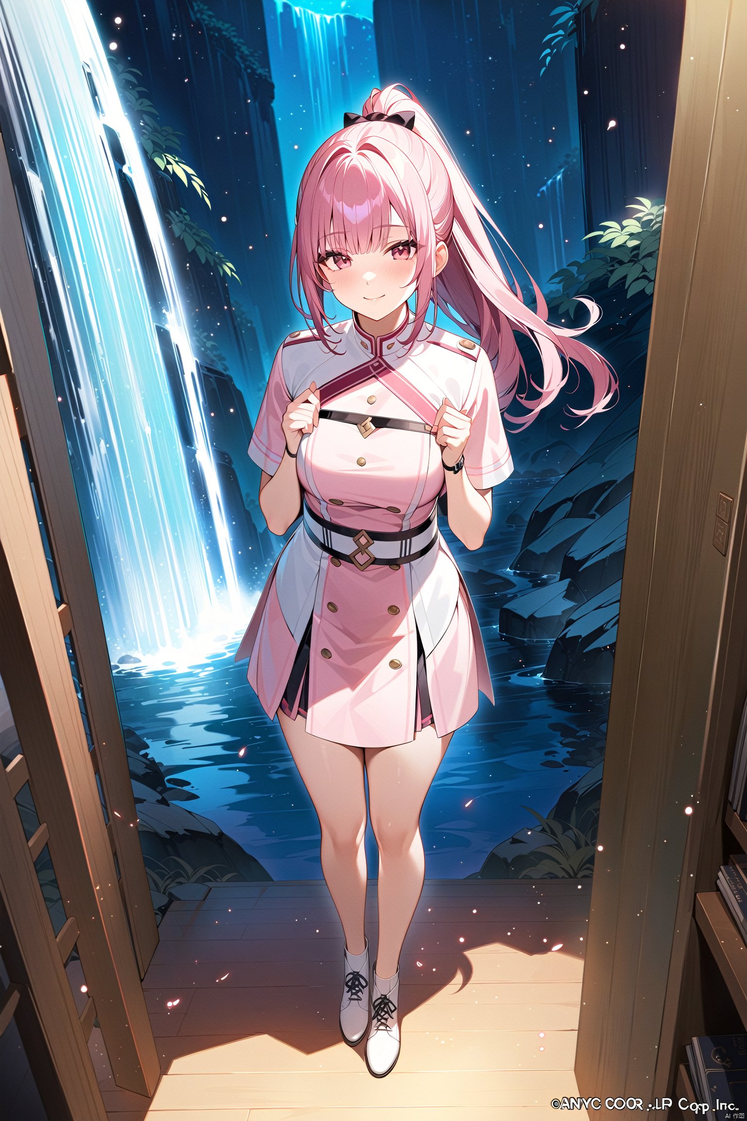  Masterpiece, best quality, official art, extremely detailed CG uniform 8k wallpaper, 1girl, high ponytail, looking at viewer, perspective, standing, smile, full body, waterfall, pink dress, light, light particles,