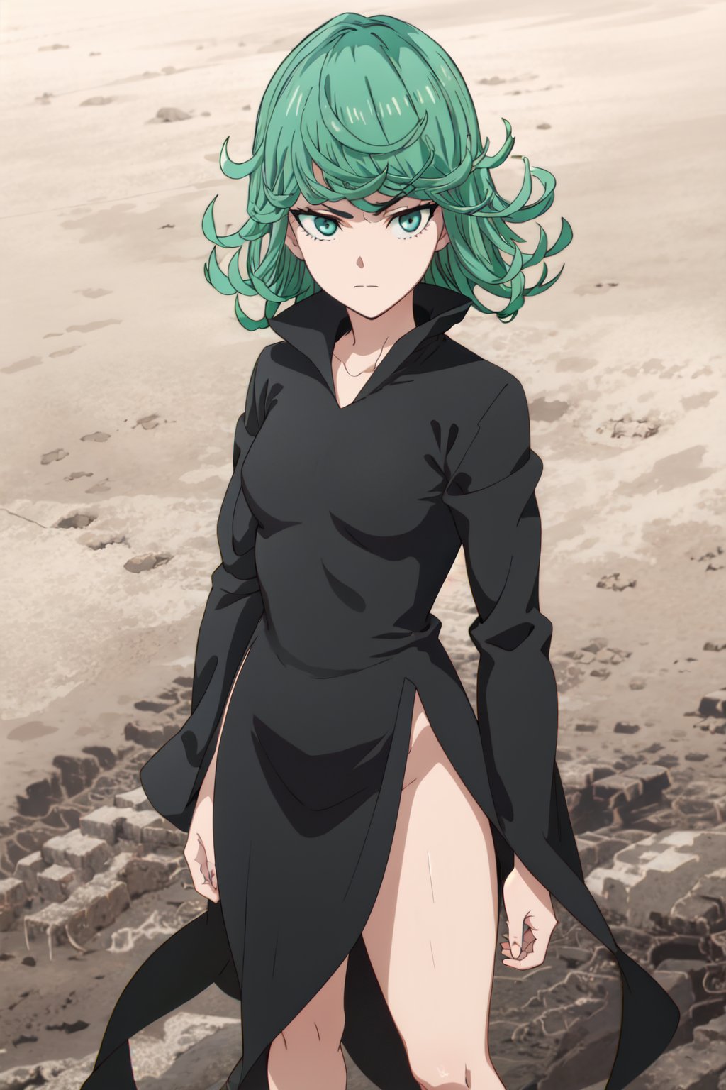 <lora:anime_screencap_v2:0.3> tall body, tall, long legs, mature female, mature, adult, <lora:GoodHands-vanilla:1.4>, simple background <lora:eft_opm_tatsumaki:0.7> eft_opm_tatsumaki, 1girl, tatsumaki, solo, dress, green hair, black dress, green eyes, curly hair, looking at viewer, short hair, long sleeves, small breasts, hands on hips, standing, breasts, closed mouth, bare legs, rock, bangs, side slit, frown