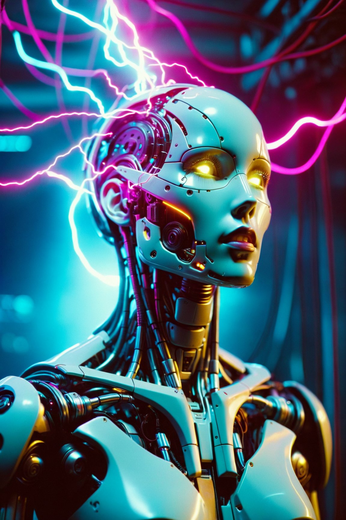 biomechanical style cinematic photo cinematic film still the head of a female cyborg, by Ralph McQuarrie, by Aaron Horkey, neon yellow lightning, neon teal lightning, neon magenta lightning, cables, wires, synthwave, vaporwave, retro futurism, circuitboard, dark futuristic, DonMW15pXL, floating, astral <lora:Dark_Futuristic_Circuit_Boards:0.8> <lora:DonMW15pXL:1>, ziprealism, (masterpiece:1.2), best quality, (hyperdetailed, highest detailed:1.2), high resolution textures,, RAW candid cinema, 16mm, color graded portra 400 film, remarkable color, ultra realistic, textured skin, remarkable detailed pupils, realistic dull skin noise, visible skin detail, skin fuzz, dry skin, shot with cinematic camera . shallow depth of field, vignette, highly detailed, high budget, bokeh, cinemascope, moody, epic, gorgeous, film grain, grainy, 35mm photograph, film, bokeh, professional, 4k, highly detailed . blend of organic and mechanical elements, futuristic, cybernetic, detailed, intricate