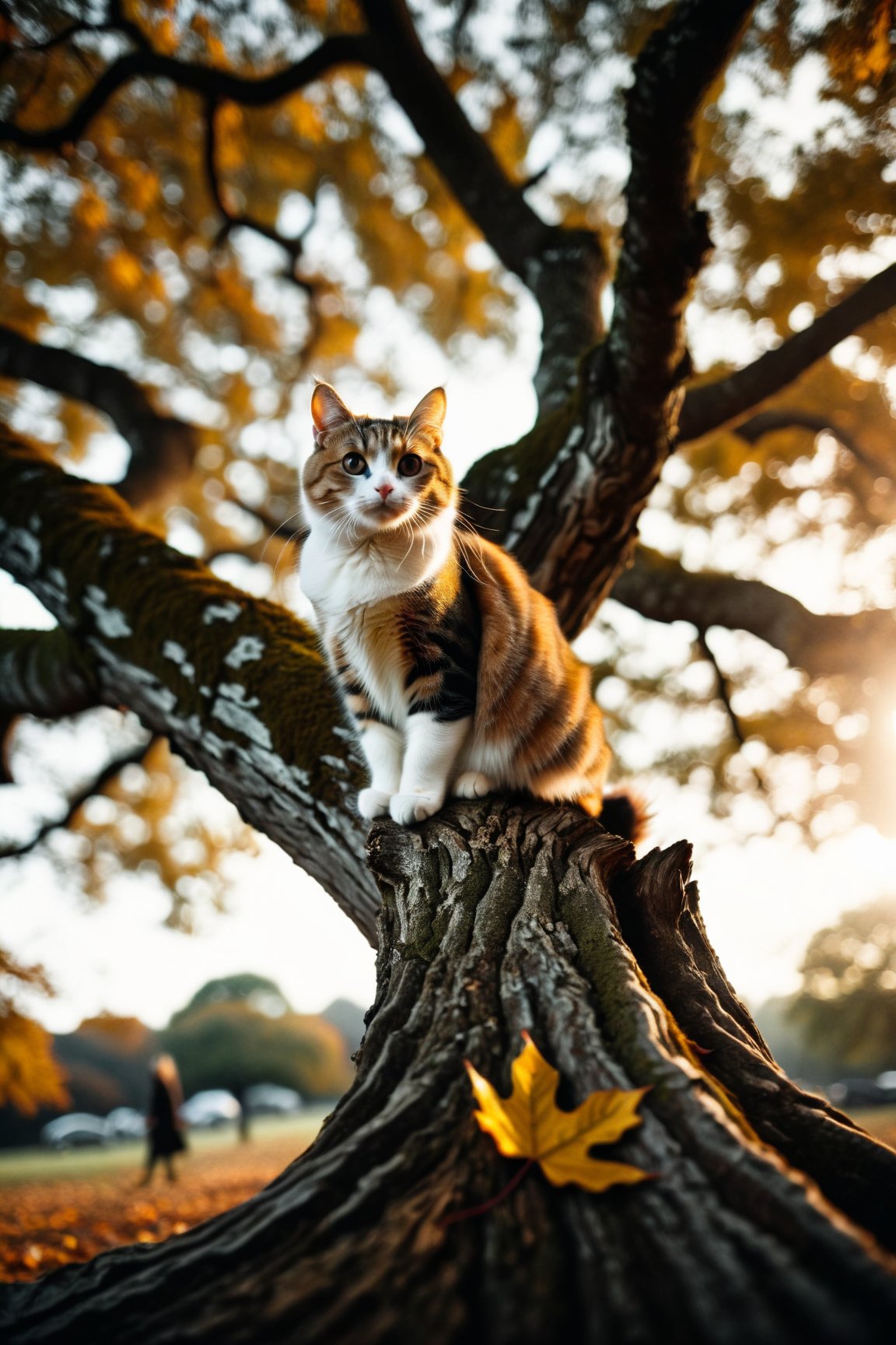 HDR photo of cinematic photo cinematic still photo of a Cat poised gracefully atop an ancient oak tree, autumn leaves fluttering around, golden hour casting long shadows, backlit, sharp focus on feline, bokeh effect on background foliage, cinematic film still, . emotional, harmonious, vignette, highly detailed, high budget, bokeh, cinemascope, moody, epic, gorgeous, film grain, grainy . 35mm photograph, film, bokeh, professional, 4k, highly detailed . High dynamic range, vivid, rich details, clear shadows and highlights, realistic, intense, enhanced contrast, highly detailed