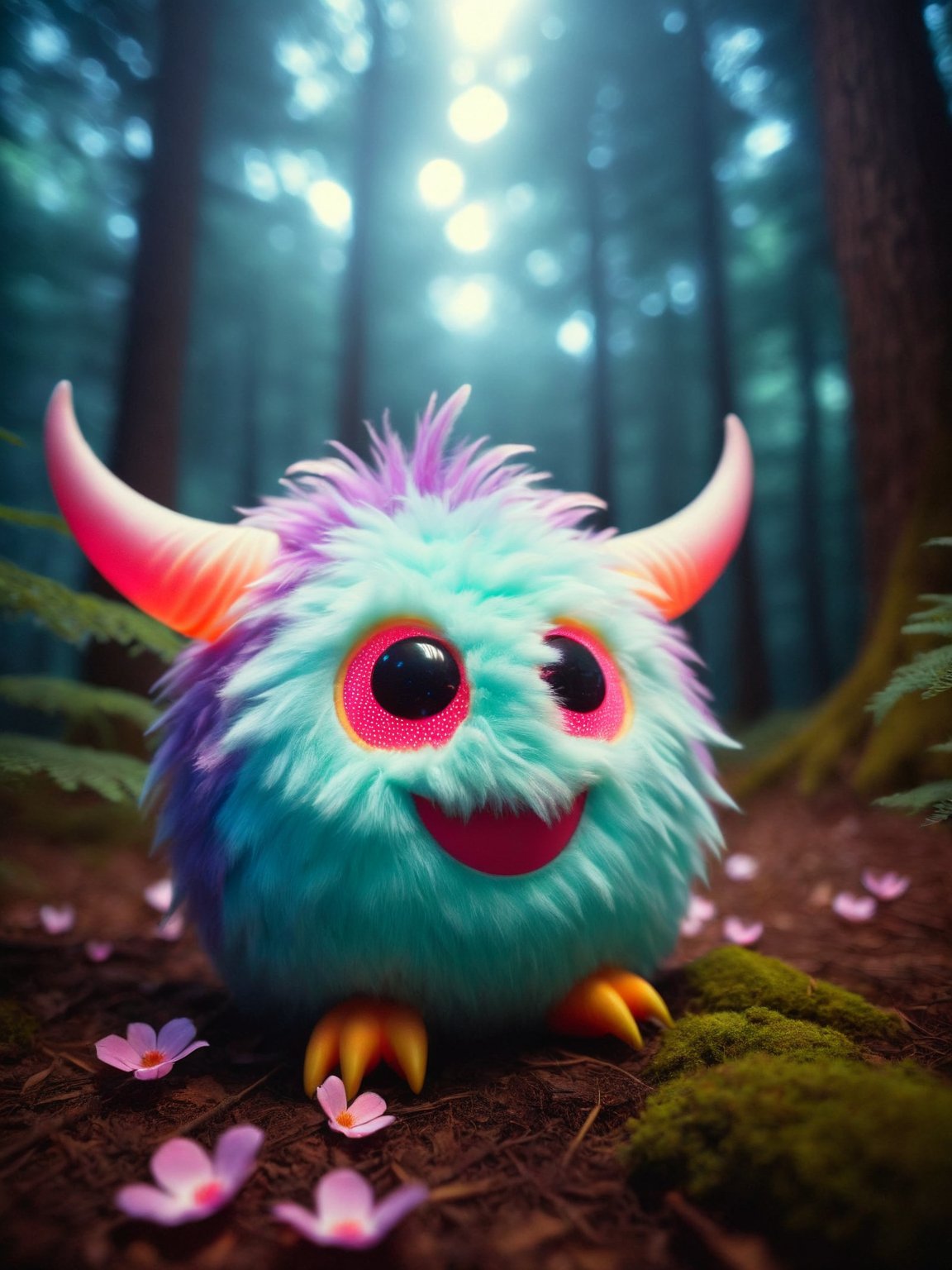 Light Cheery Atmosphere, photograph cinematic still robust bioluminescent vivid adorable cute smiling pink and purple polka-dotted furry egg-shaped mini-monster with furry hands and feet, glowing red eyes, horns, cute long fangs, rainbow wings, in the fabulous night forest, magical radiance, depth of field, realistic, cinematic lighting, soft shadows, asymmetrical fractal, colorful, volumetric lighting, wind, petals falling, moonlight, forest in background . emotional, harmonious, vignette, highly detailed, high budget, bokeh, cinemascope, moody, epic, gorgeous, film grain, grainy, 50mm , cinematic 4k epic detailed 4k epic detailed photograph shot on kodak detailed cinematic hbo dark moody, 35mm photo, grainy, vignette, vintage, Kodachrome, Lomography, stained, highly detailed, found footage, happy, joyful, cheerful, carefree, gleeful, lighthearted, pleasant atmosphere