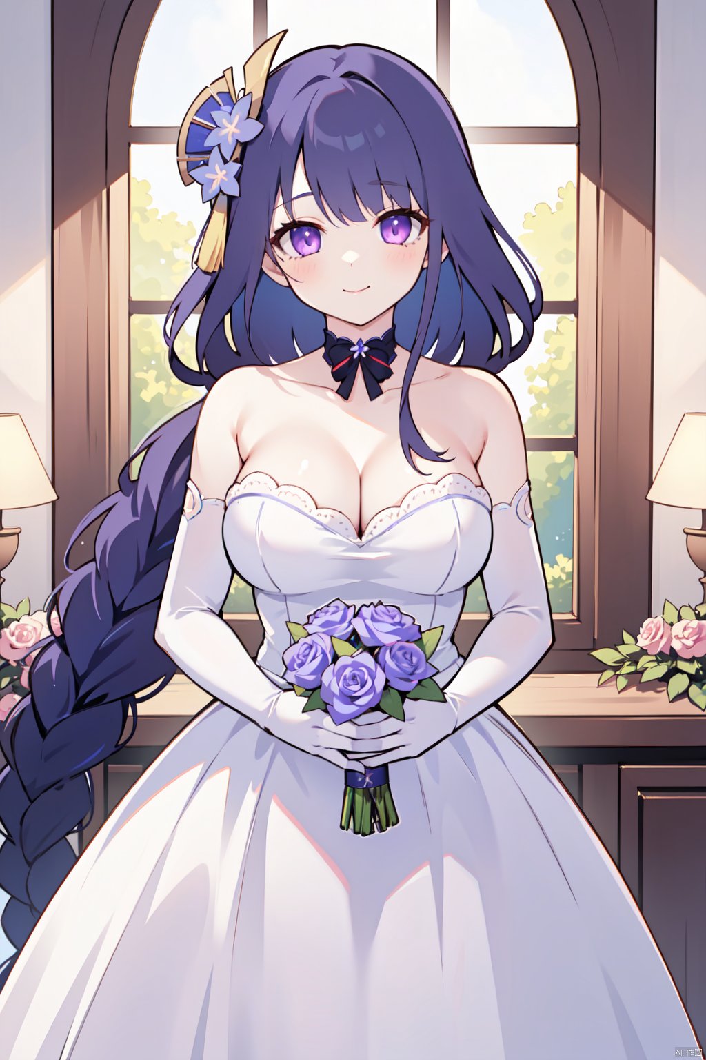 1girl, dress, breasts, flower, large breasts, raiden shogun, gloves, cleavage, hair flower, hair ornament,  elbow gloves, wedding dress, looking at viewer, purple flower, rose, white dress, bare shoulders, white gloves, choker,ed ponytail, bouquet, smile, holding, solo focus,  closed mouth
