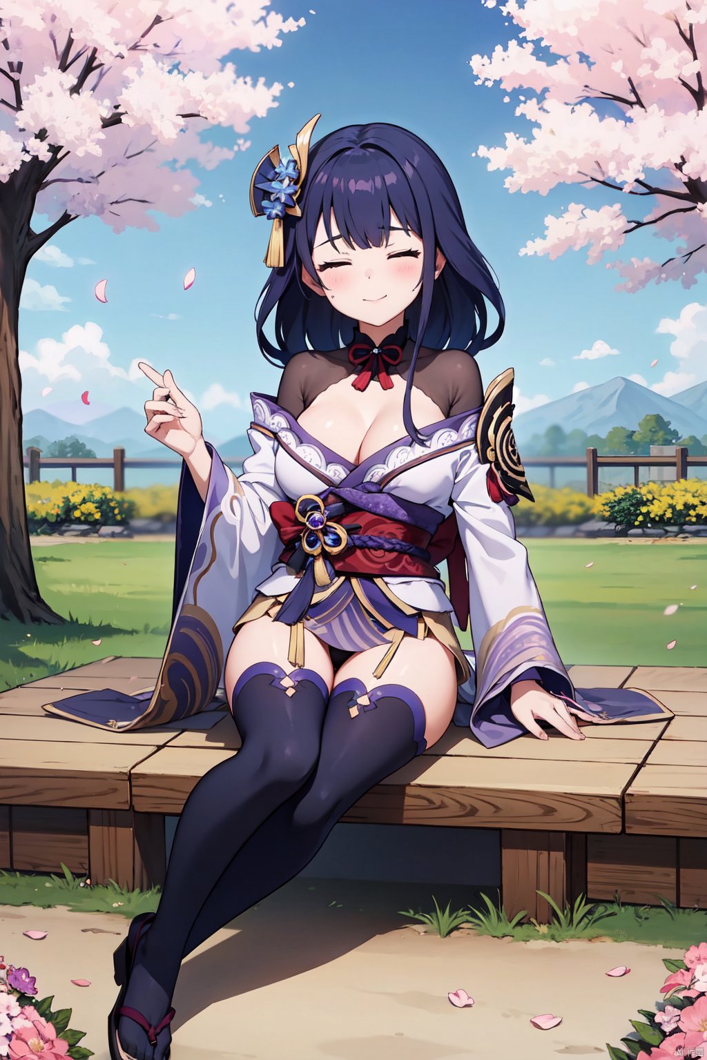 1girl, narukami's law,raiden shogun, solo, breasts, thighhighs, cleavage, ,  closed eyes,hair ornament,closed mouth, tomoe \(symbol\), flower, cherry blossoms, mitsudomoe \(shape\), sitting, falling petals, mole, wide sleeves, full body, petals, mole under eye, smile, shrug \(clothing\), long sleeves, purple flower, facing viewer