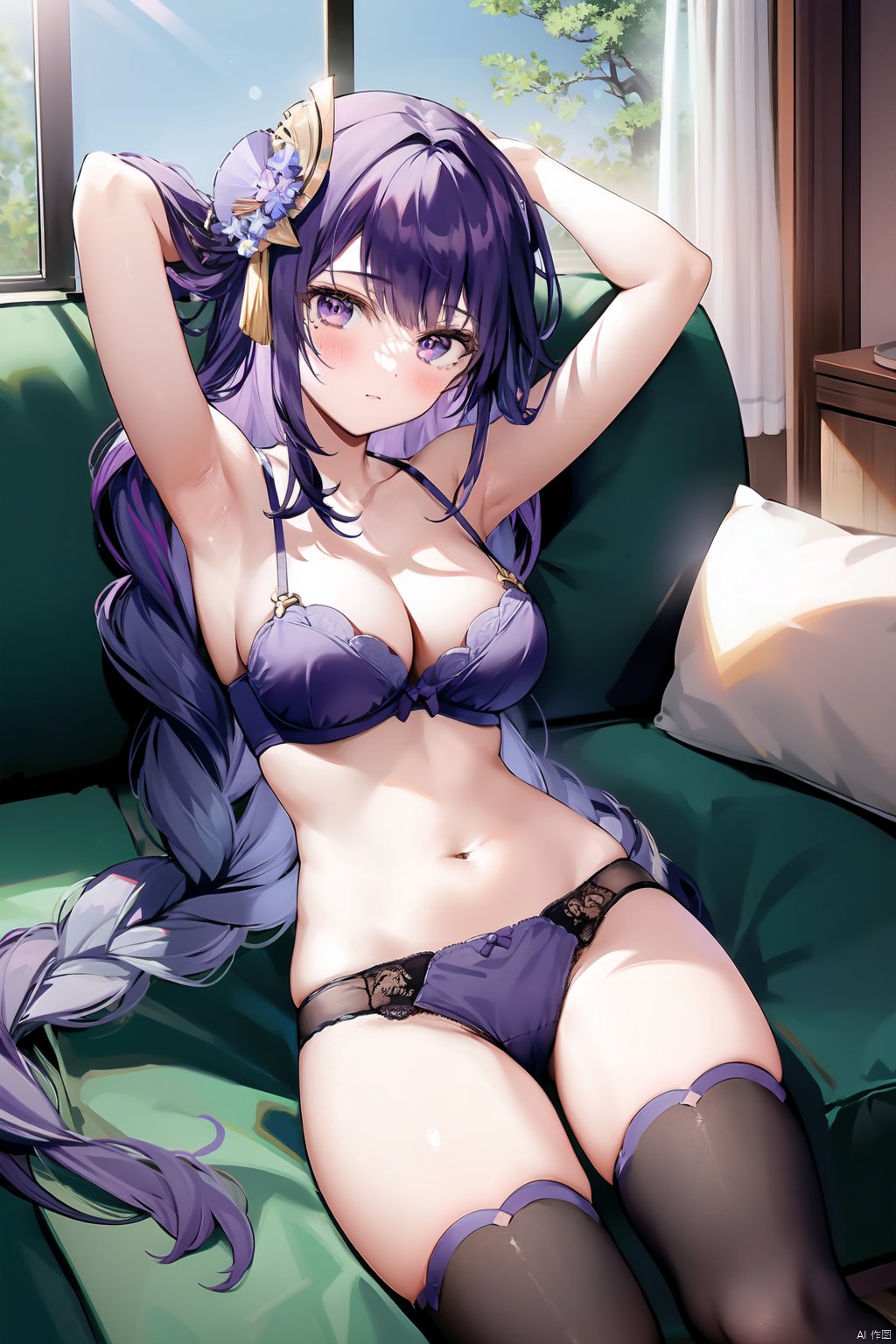 1girl, breasts, raiden shogun, underwear, thighhighs, panties, solo, bra, mole, white panties, mole under eye, white bra, armpits, navel, white thighhighs, looking at viewer,  cleavage, hair ornament, large breasts,  arms up,ed ponytail, sitting, thighs, closed mouth, window, dutch angle, collarbone
