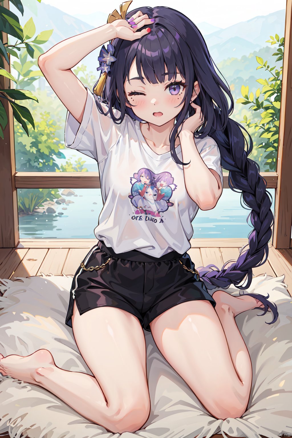 1girl, raiden shogun, solo, dolphin shorts, shirt, shorts, one eye closed,  short shorts, barefoot, short sleeves,ed ponytail, black shorts, white shirt, arm up, looking at viewer, sitting, bare legs, blush, mole, yokozuwari, mole under eye, thighs,  hand on own head, sidelocks, nail polish
