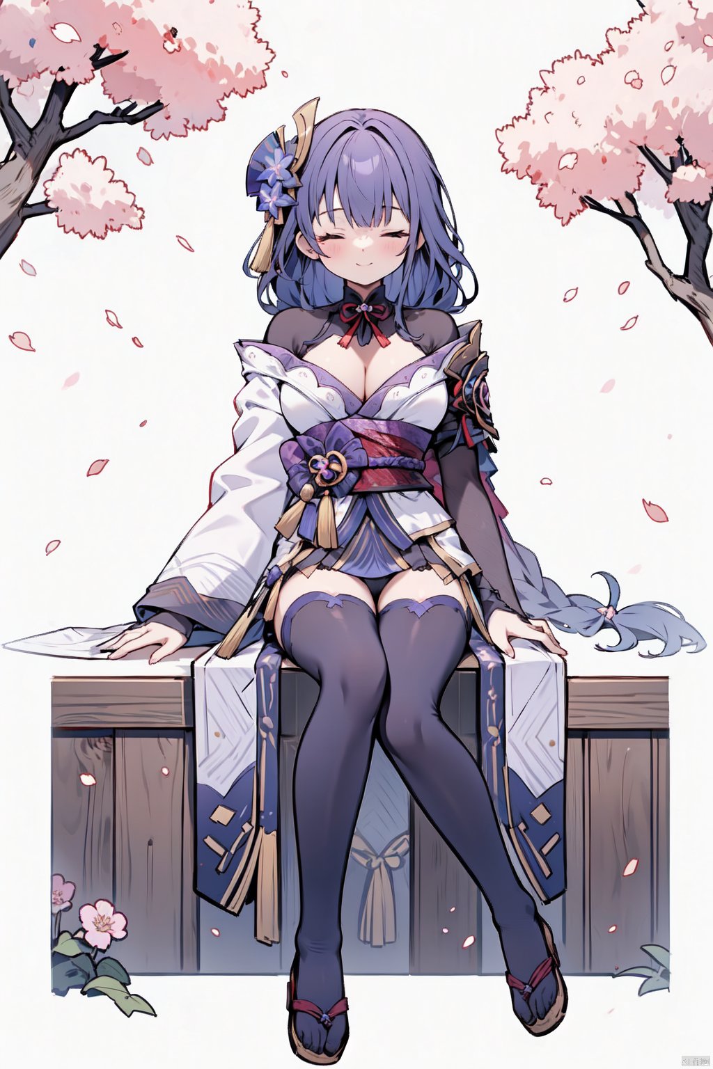 1girl, narukami's law,raiden shogun, solo, breasts, thighhighs, cleavage, ,  closed eyes,hair ornament,closed mouth, tomoe \(symbol\), flower, cherry blossoms, mitsudomoe \(shape\), sitting, falling petals, mole, wide sleeves, full body, petals, mole under eye, smile, shrug \(clothing\), long sleeves, purple flower, facing viewer