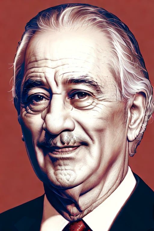 A XTCH realistic crosshatching portrait of the full head and face of Robert De Niro, partly shaded face, brown theme, red background,XTCH