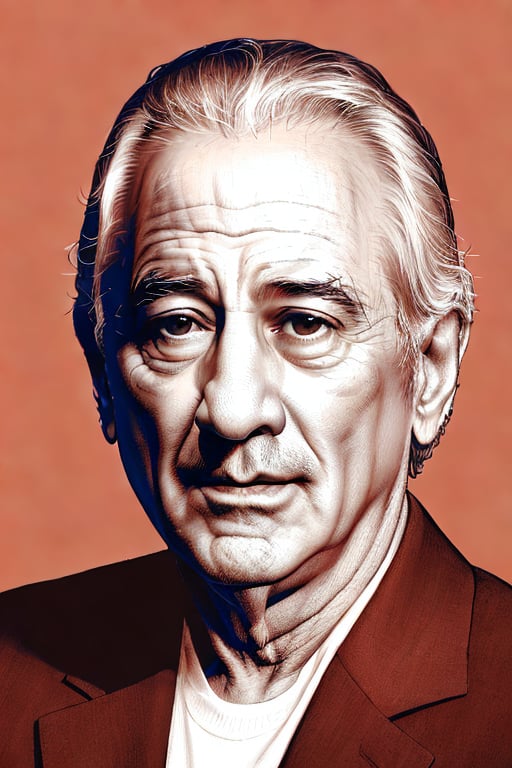 A XTCH realistic crosshatching portrait of the full head and face of Robert De Niro, partly shaded face, brown theme, red background,XTCH