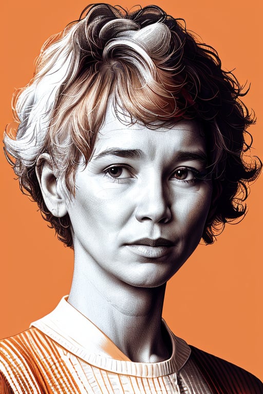 A XTCH crosshatching portrait of the full head and face of Macy Gray, realistic, detailed hatching, partly shaded face, orange theme, red background, spot color