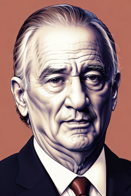 A XTCH realistic crosshatching portrait of the full head and face of Robert De Niro, partly shaded face, brown theme, red background,XTCH