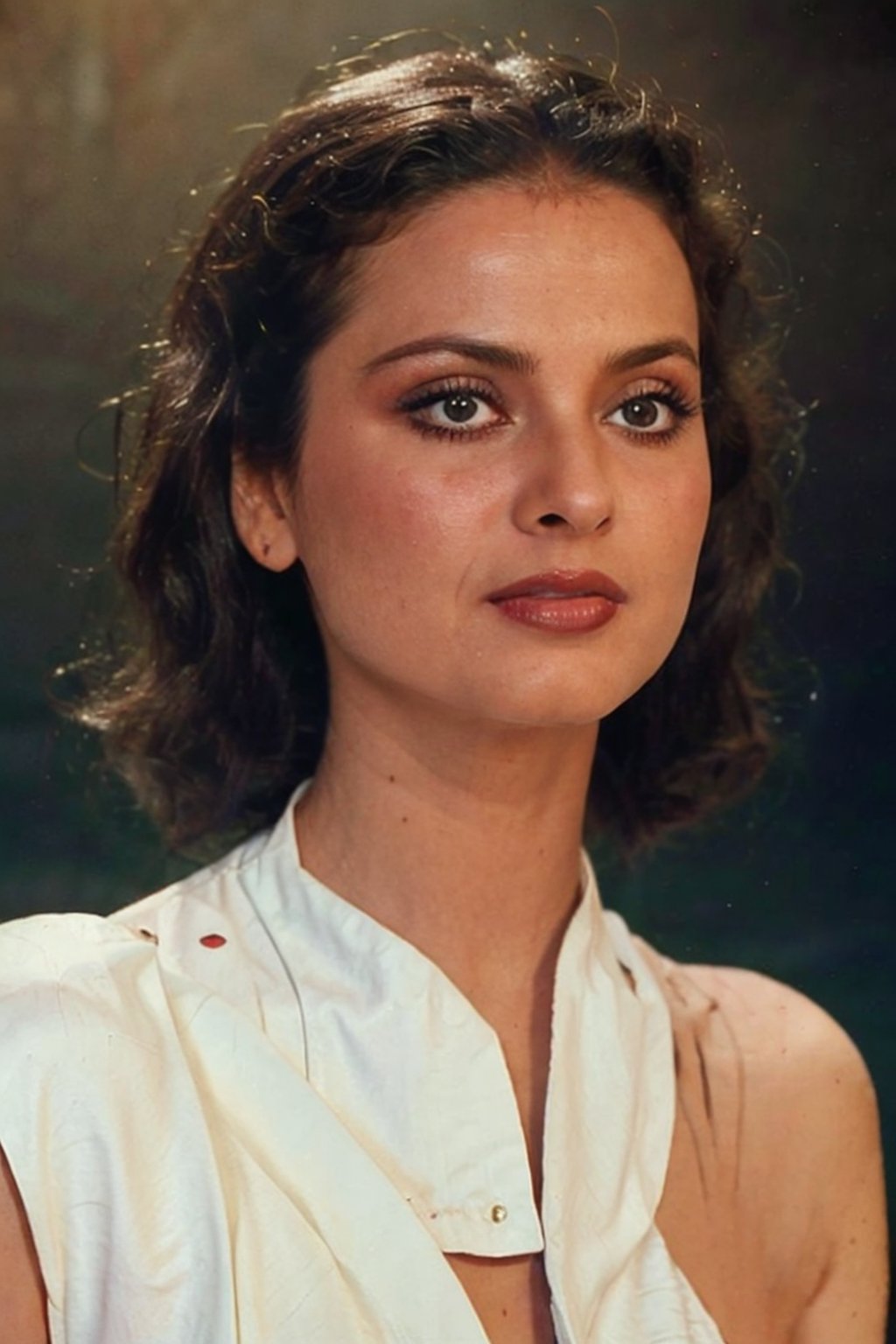 lifelike rendering, immersive atmosphere, impeccably detailed, visually stunning, transfixing looks, emotive depth, artistic emotionality, compelling glances, masterpiece photo, ((retro vintage)), photography, ((1940s vibe)), year 1930, 40 years old woman, vintage white sleeveless dress, wavy hair, hd, color image, short hair, winter, brunette, smile