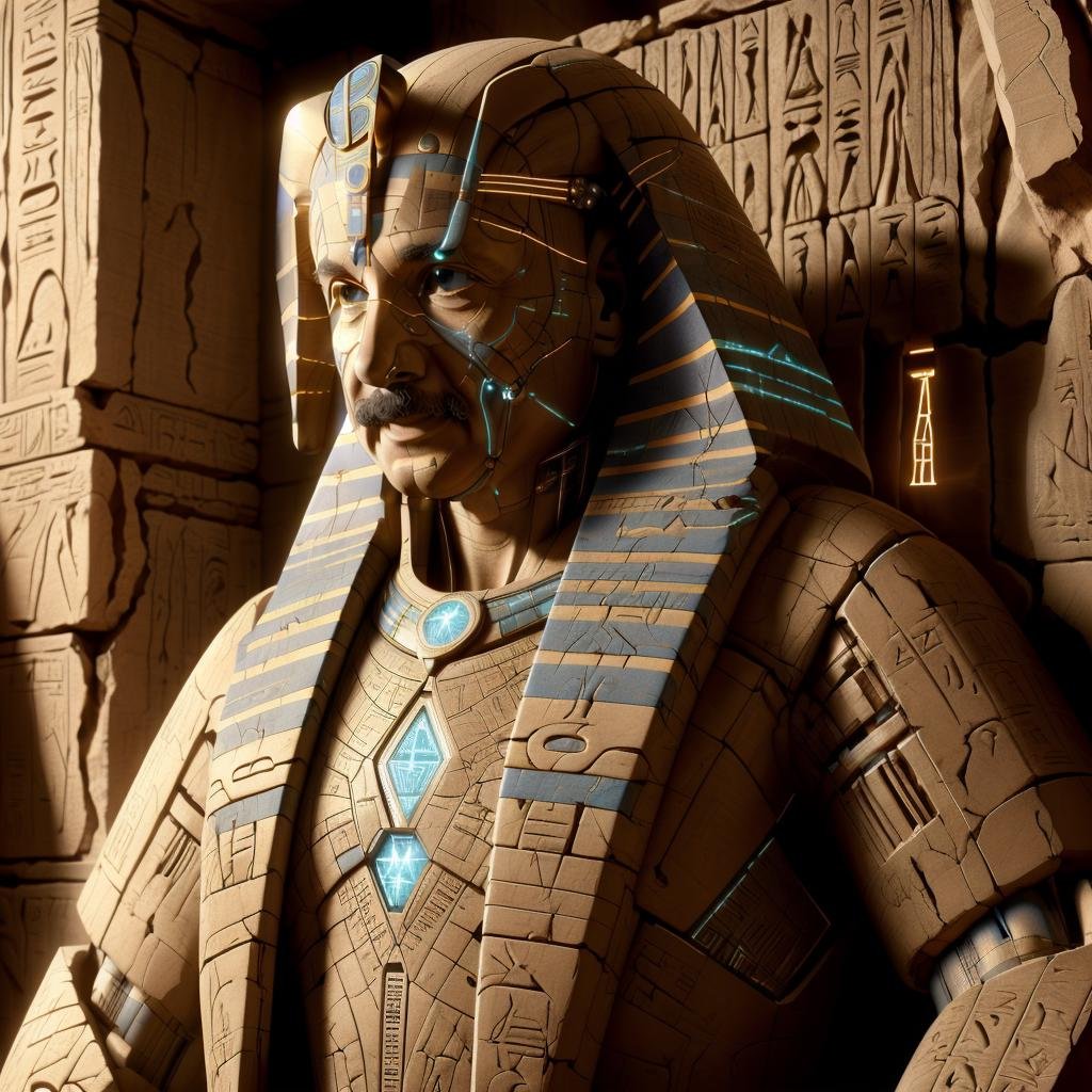 <lora:EgyptTech-30:0.8> egypttech ,scifi, hieroglyphs, sandstone,man , Albert Einstein, <lora:Albert Einstein:0.8> , scientist coat, at a lab